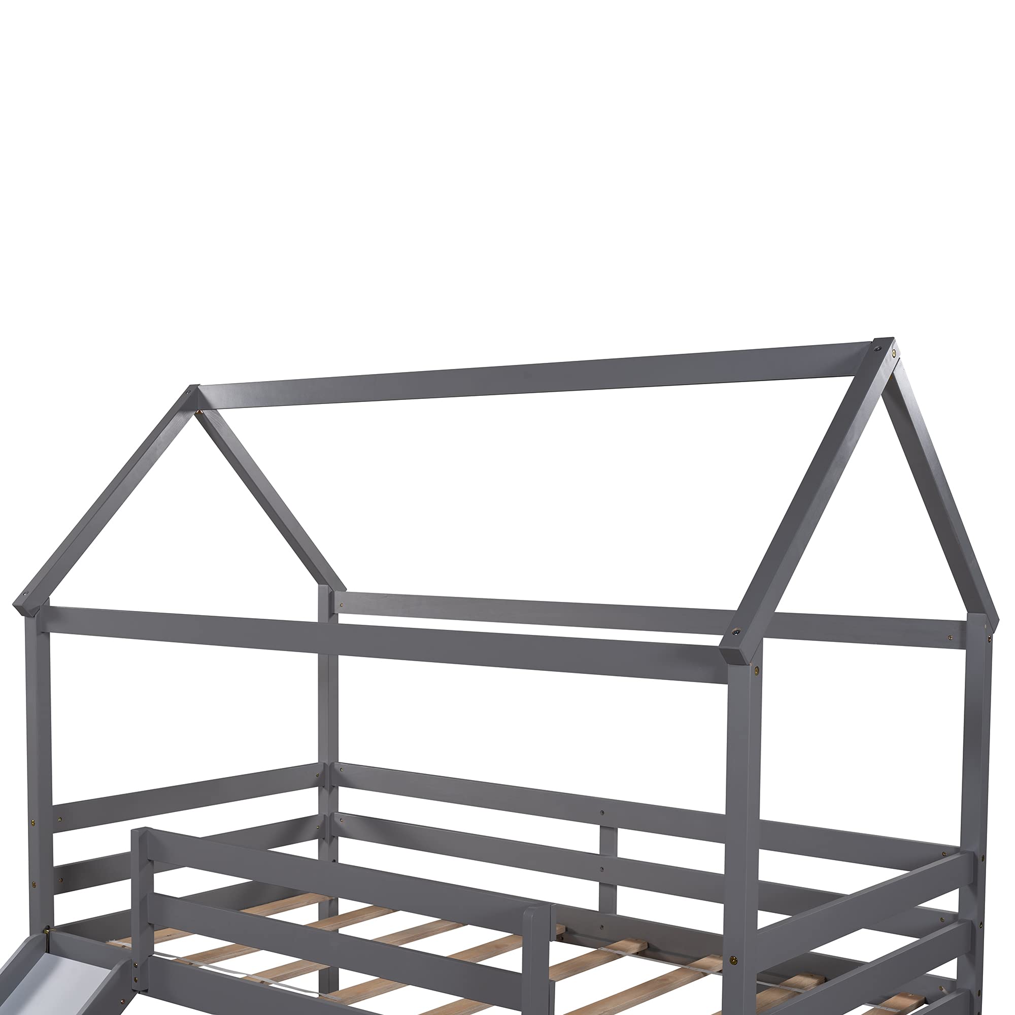 Solid Wood Kids Loft Bed with Slide - Twin Size Wooden House Bed Frame with Roof & Ladder - No Box Spring Needed - Gray - Perfect for Small Bedrooms & Playrooms