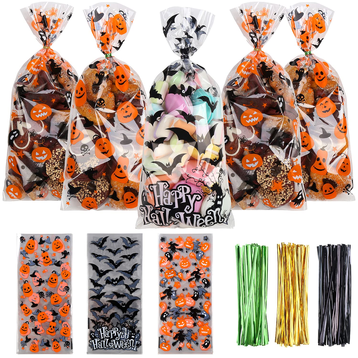 LOKIPA Halloween Cellophane Treat Bags - 150pcs Candy Goodie Bags with Twist Ties for Halloween Party Favors (3 Styles) | Perfect for Trick-or-Treating, Classroom Treats & Halloween Party Supplies