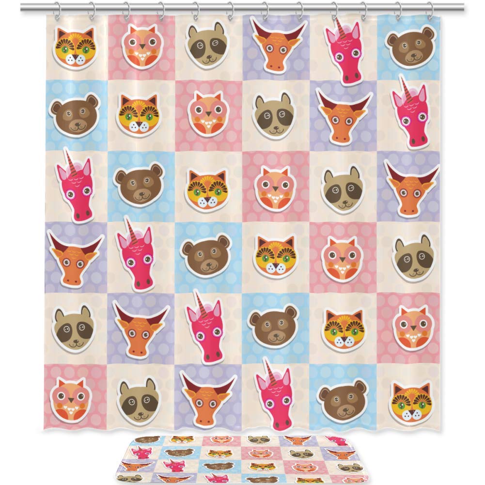 Funny Animal Shower Curtain Set - Owl, Raccoon, Unicorn, Cow, Bear & Cat Design with Matching Bath Mat | Waterproof Polyester Bathroom Decor for Kids & Adults | Perfect for Farmhouse, Nursery or Playroom Themes