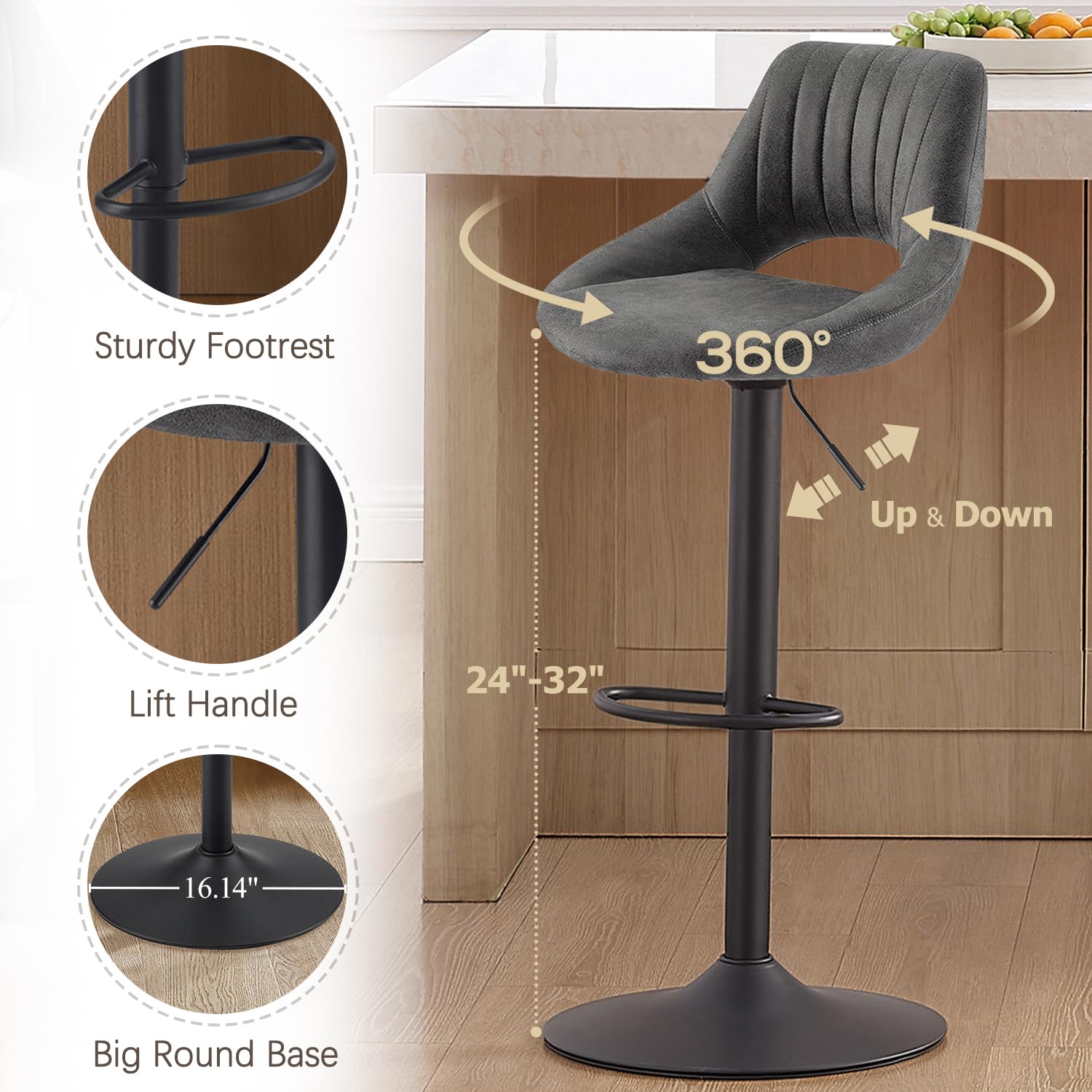 Vintage Adjustable Swivel Bar Stools Set of 4 - Gray Faux Suede Upholstered Counter Height Kitchen Island Stools with Back Support | Perfect for Kitchen Counter, Breakfast Nook, Home Bar & Dining Area