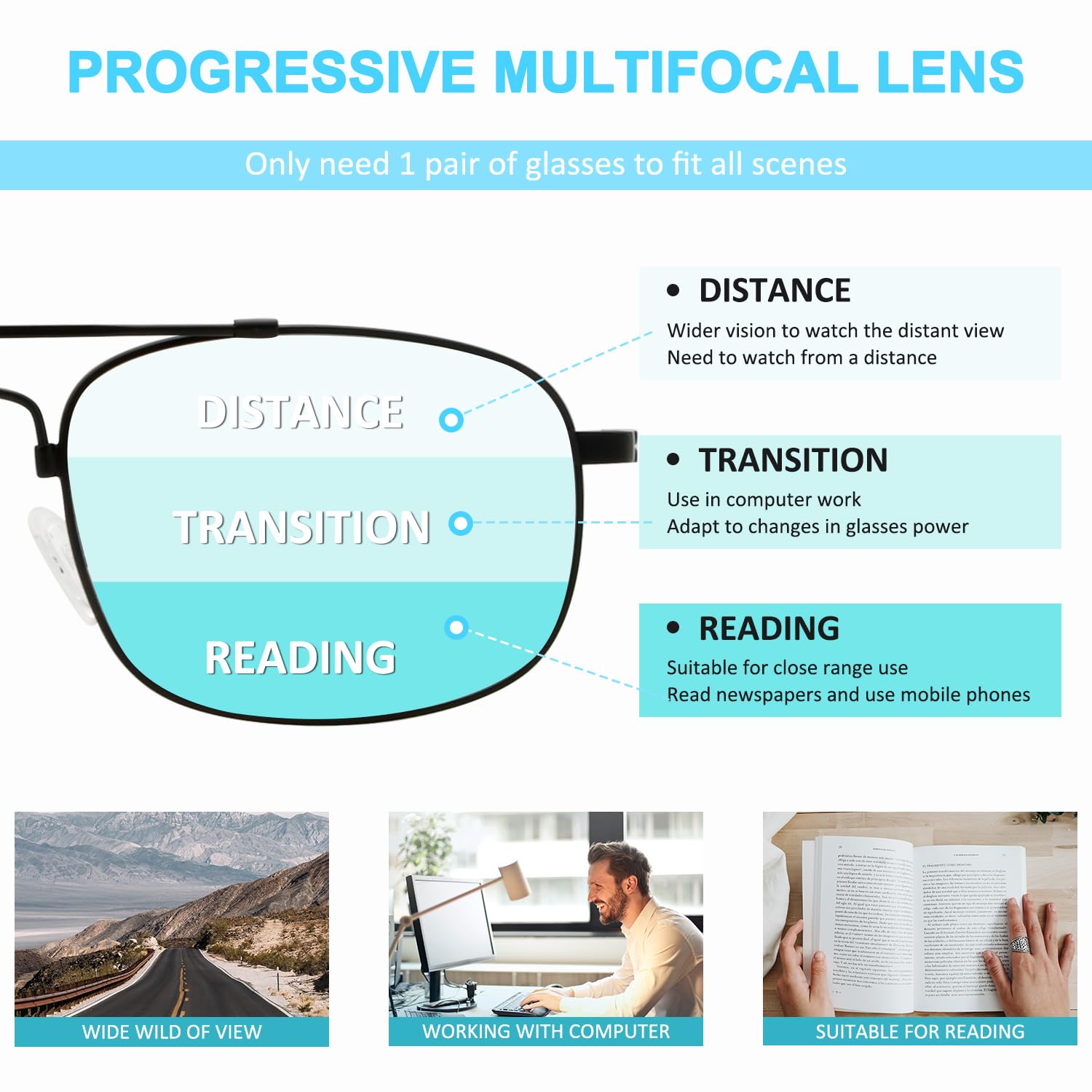 BFOCO Progressive Multifocus Reading Glasses for Women & Men - Blue Light Blocking Computer Glasses with Spring Hinge (Gunmetal, +2.00) - Perfect for Office Work, Reading & Screen Time