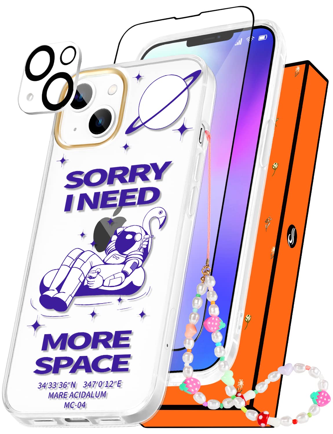 4-in-1 Astronaut Phone Case for iPhone 13 (6.1 inch) - Cute Clear Aesthetic Case with Screen Protector & Chain - Trendy Space Design for Women & Girls - Perfect for Everyday Use, School & Travel