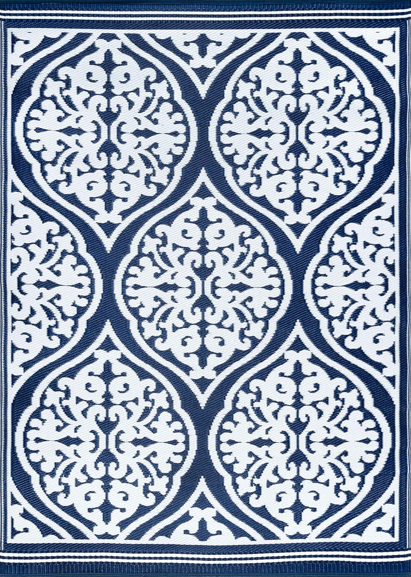 Kingman Navy Reversible Plastic Straw Outdoor Rug 9x12 - Waterproof & Washable Patio Mat for Garden, Picnic, Camping | Perfect for Decks, Poolside & Backyard