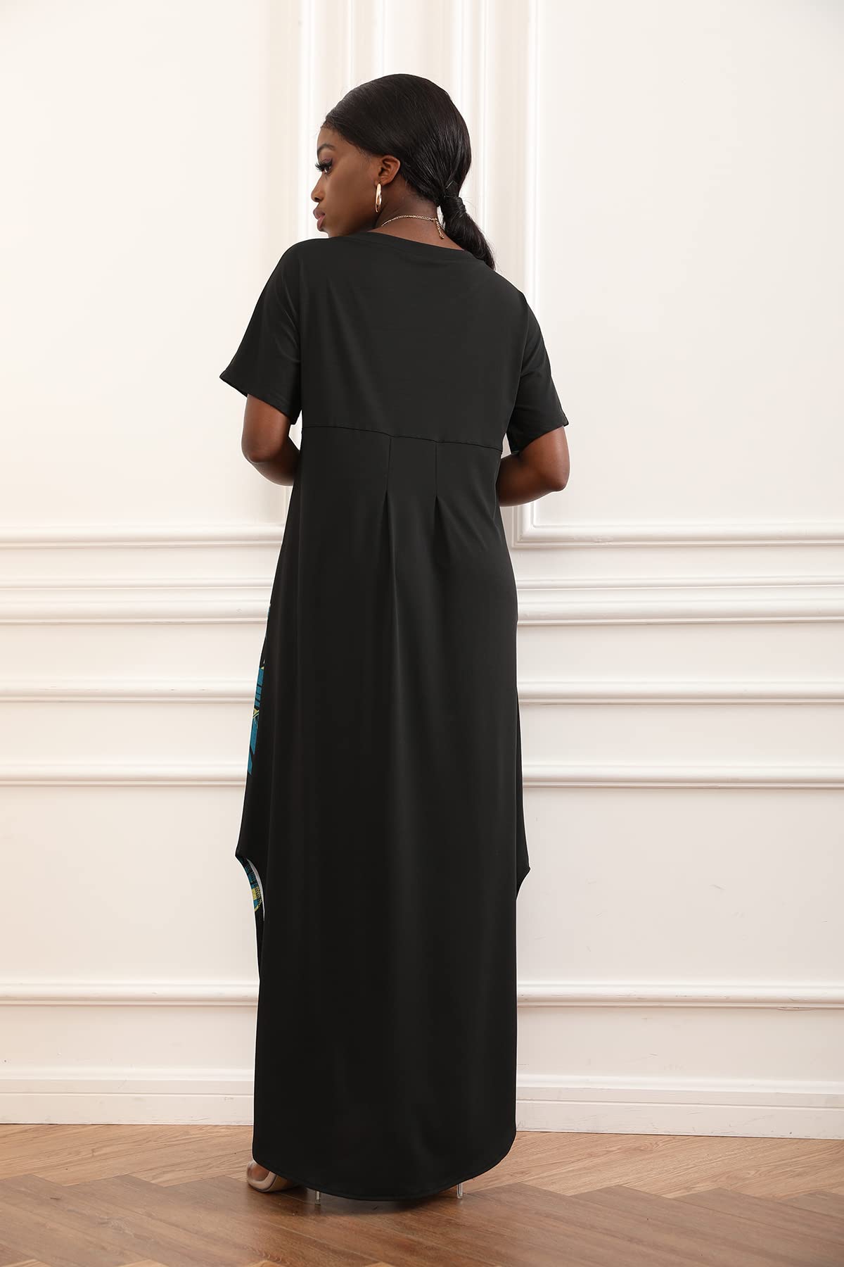 FZNHQL Black Women's Short Sleeve V-Neck Maxi Dress - African Melanin Girl Print Floral Long Dress for Casual Wear | Perfect for Summer Outings, Beach Vacations & Cultural Events