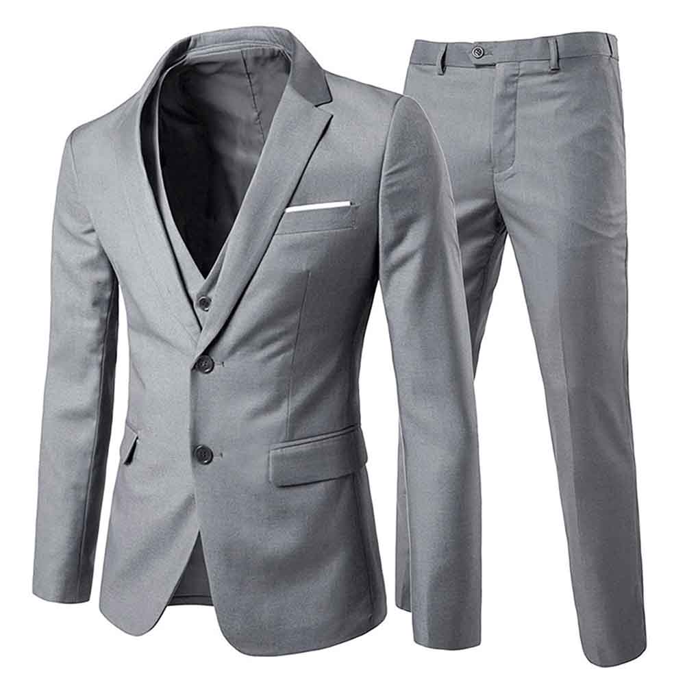 3 Piece Notched Lapel Casual Suit for Men - Slim Fit Grey Business Blazer Set | Perfect for Office, Weddings & Formal Events