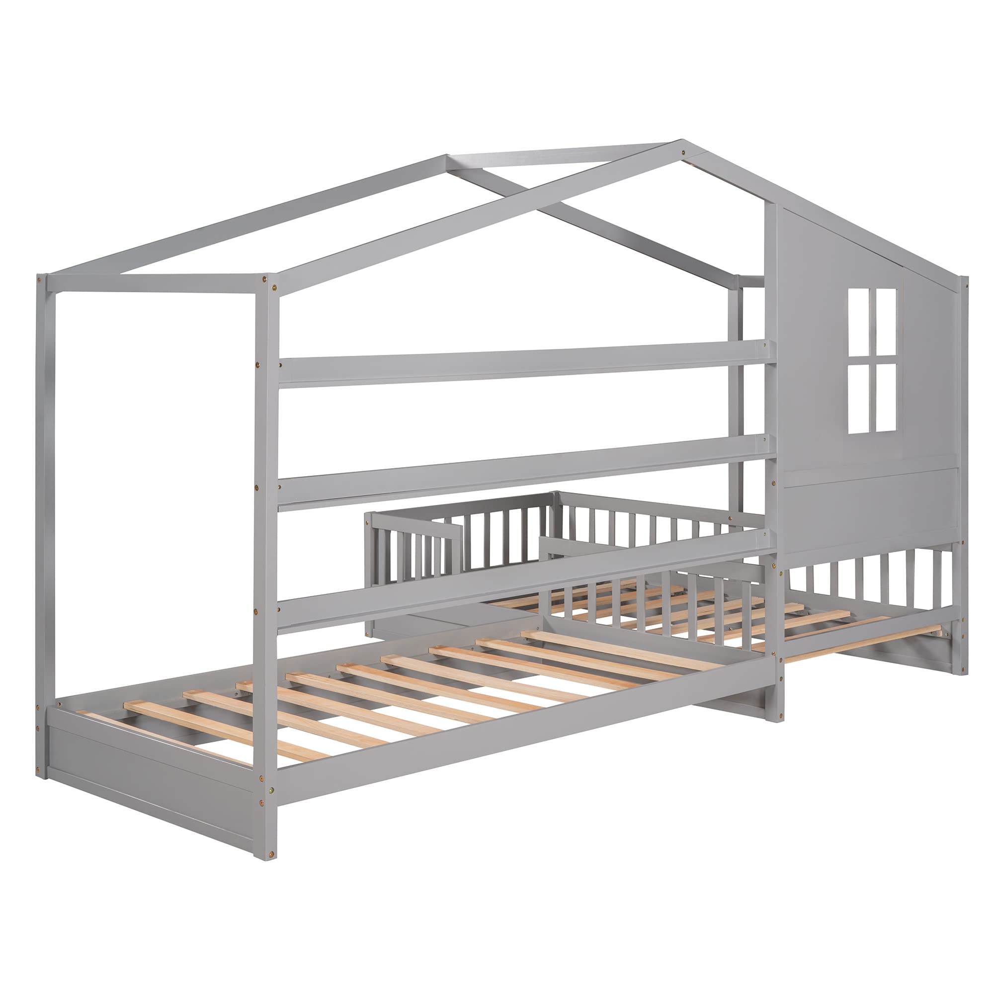 MERITLINE L-Shaped Twin Beds for Kids - Wooden Bunk Beds with Safety Fence & Playhouse Roof - Space-Saving Corner Bedroom Furniture for Siblings - No Box Spring Needed (Gray) - Perfect for Shared Kids' Rooms & Small Spaces
