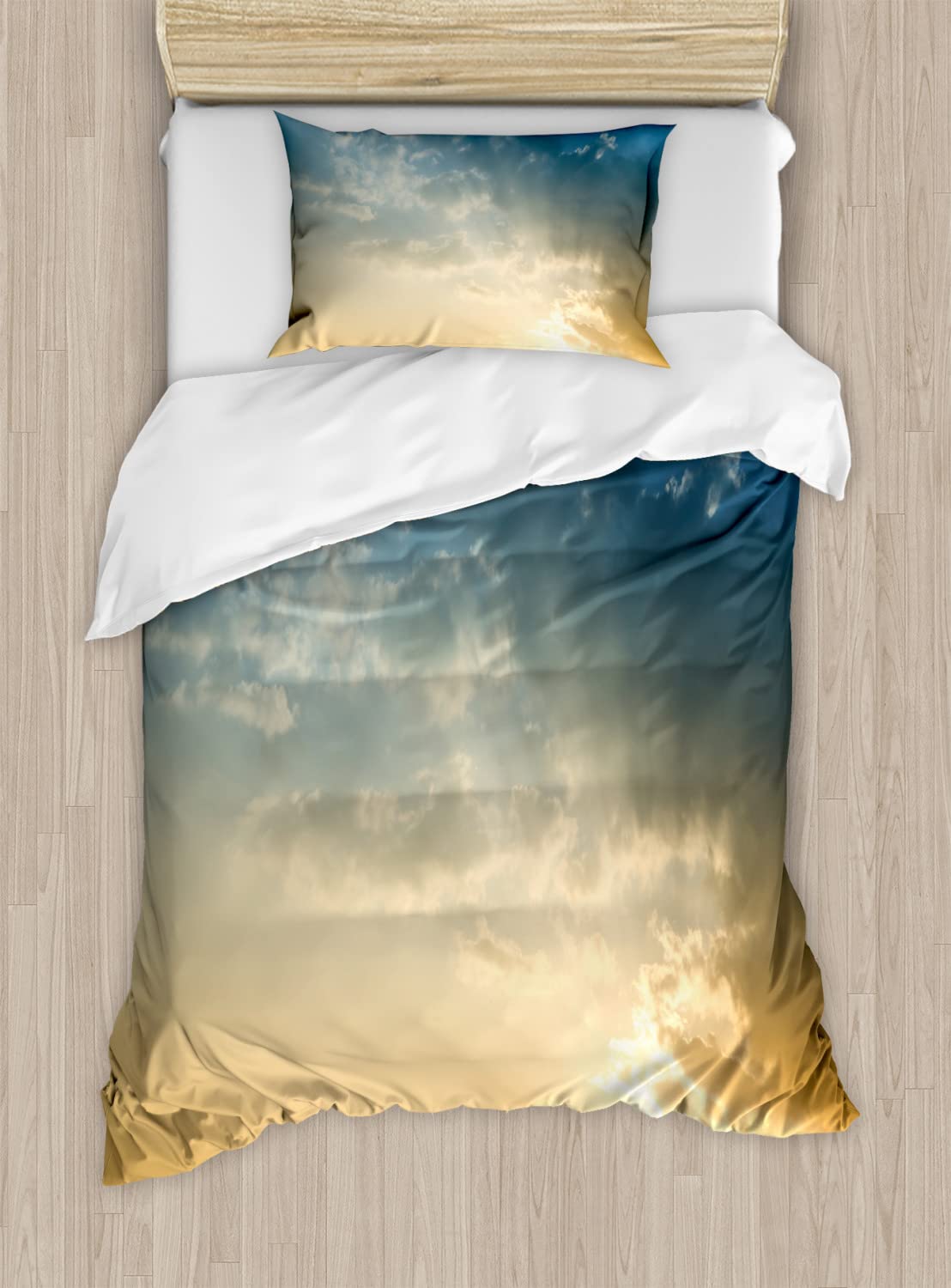Ambesonne Yellow and Blue Duvet Cover Set - Twin Size 2-Piece Bedding with Sun Ray & Cloud Design, Slate Blue Sepia - Perfect for Summer Bedroom Decor & Guest Room Styling