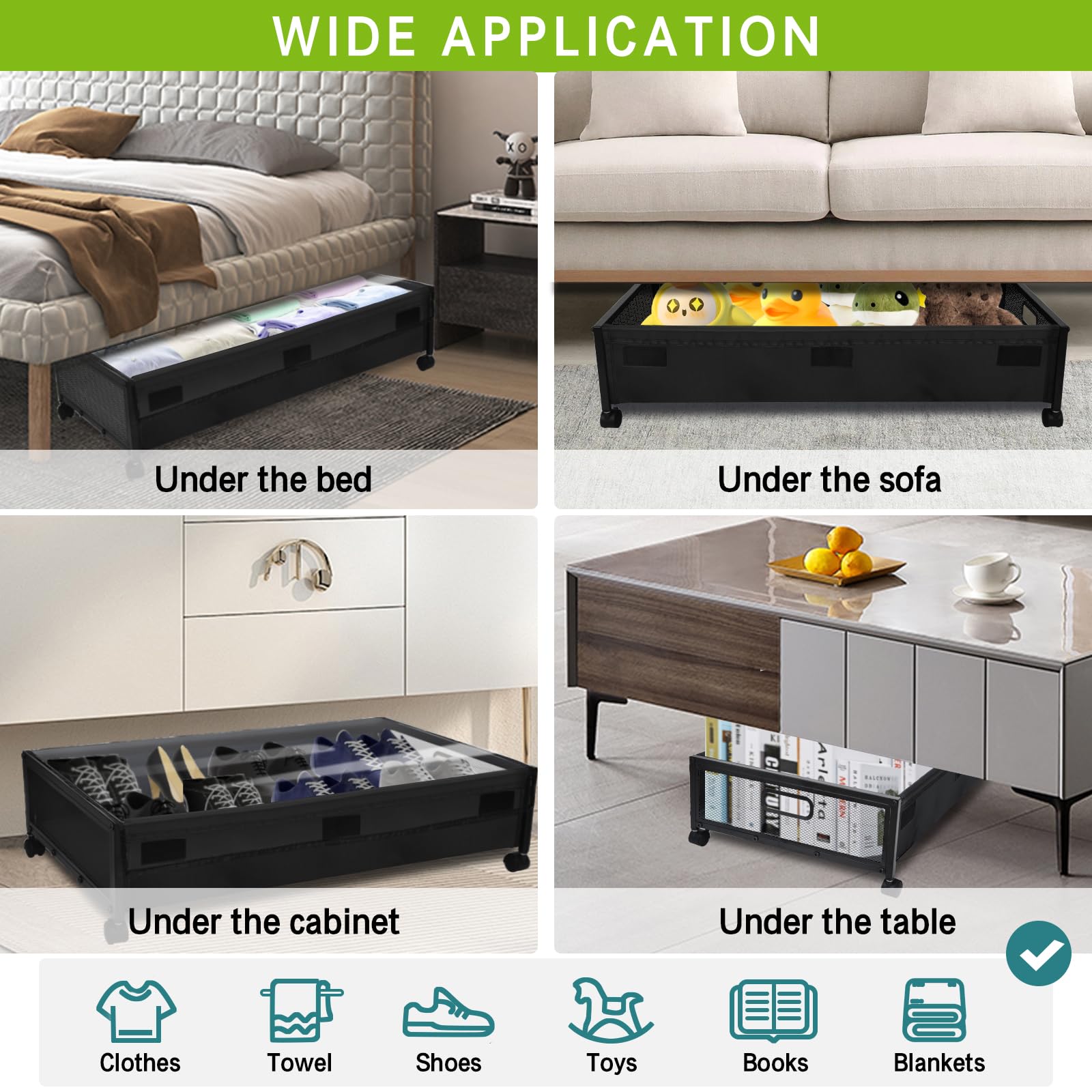 2 Pack Under Bed Storage Bins with Wheels & Clear PVC Lids - Rolling Metal Drawer Organizer for Clothes, Shoes, Books, Toys & Blankets - Perfect for Bedroom, Closet, Dorm & Small Space Organization
