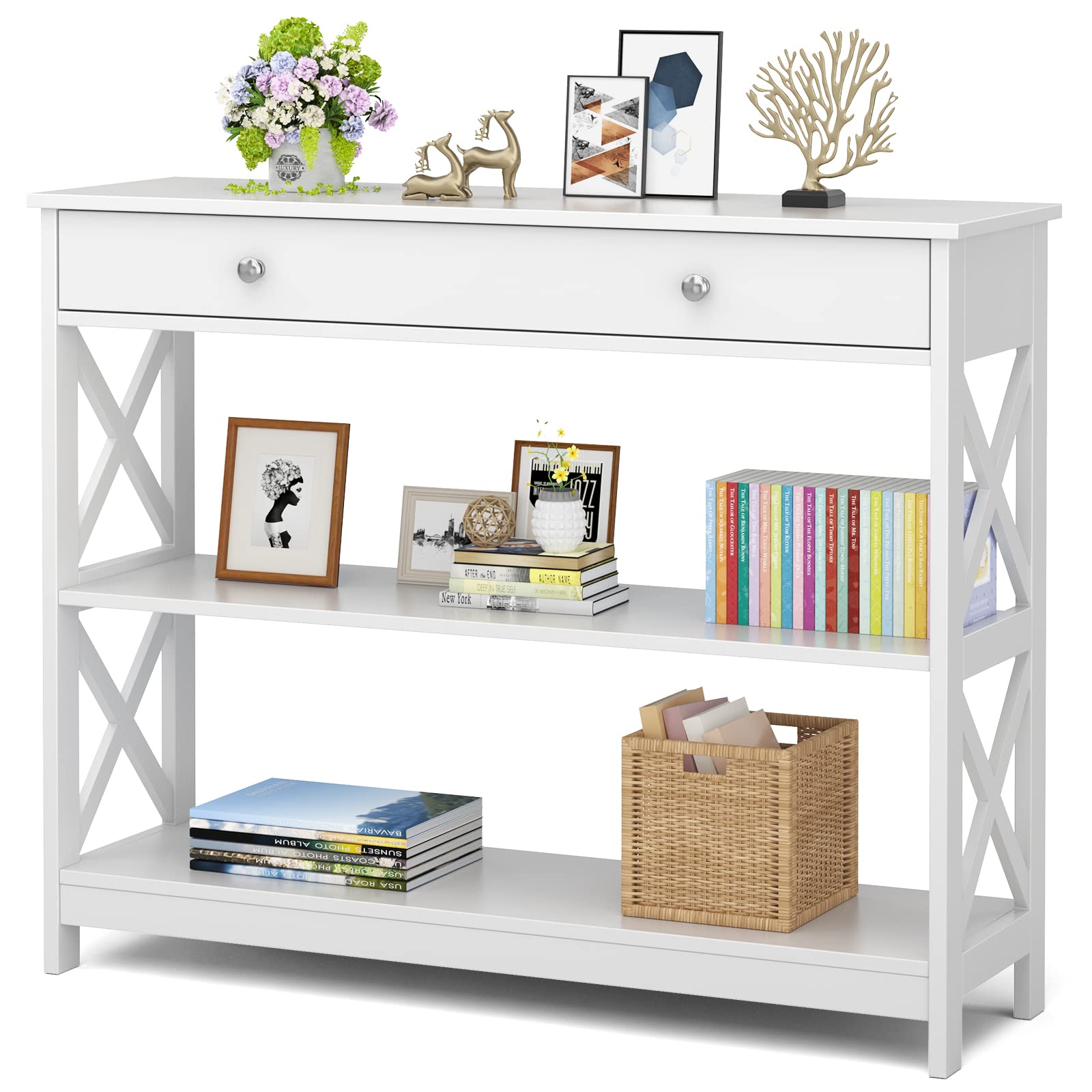 KOTEK 3-Tier Narrow Console Table with Drawer & Storage Shelves - White Entryway Sofa Table for Living Room & Hallway | Easy Assembly | Perfect for Small Spaces, Home Decor & Organizing Keys, Mail & Decor Items