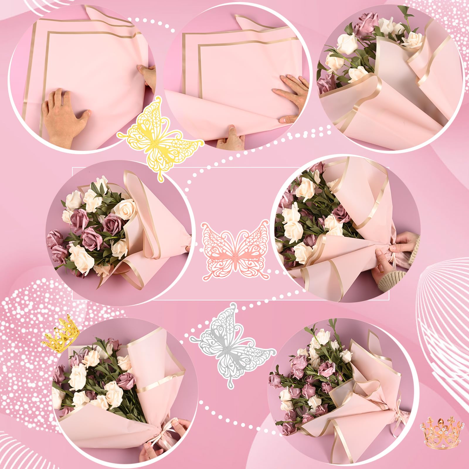 241 Pcs Waterproof Flower Bouquet Wrapping Paper Set with 3D Butterflies & Crown Ribbons - DIY Floral Arrangement Supplies for Weddings, Birthdays, Florist Crafts | Perfect for Gift Wrapping, Party Decorations & Handmade Bouquets