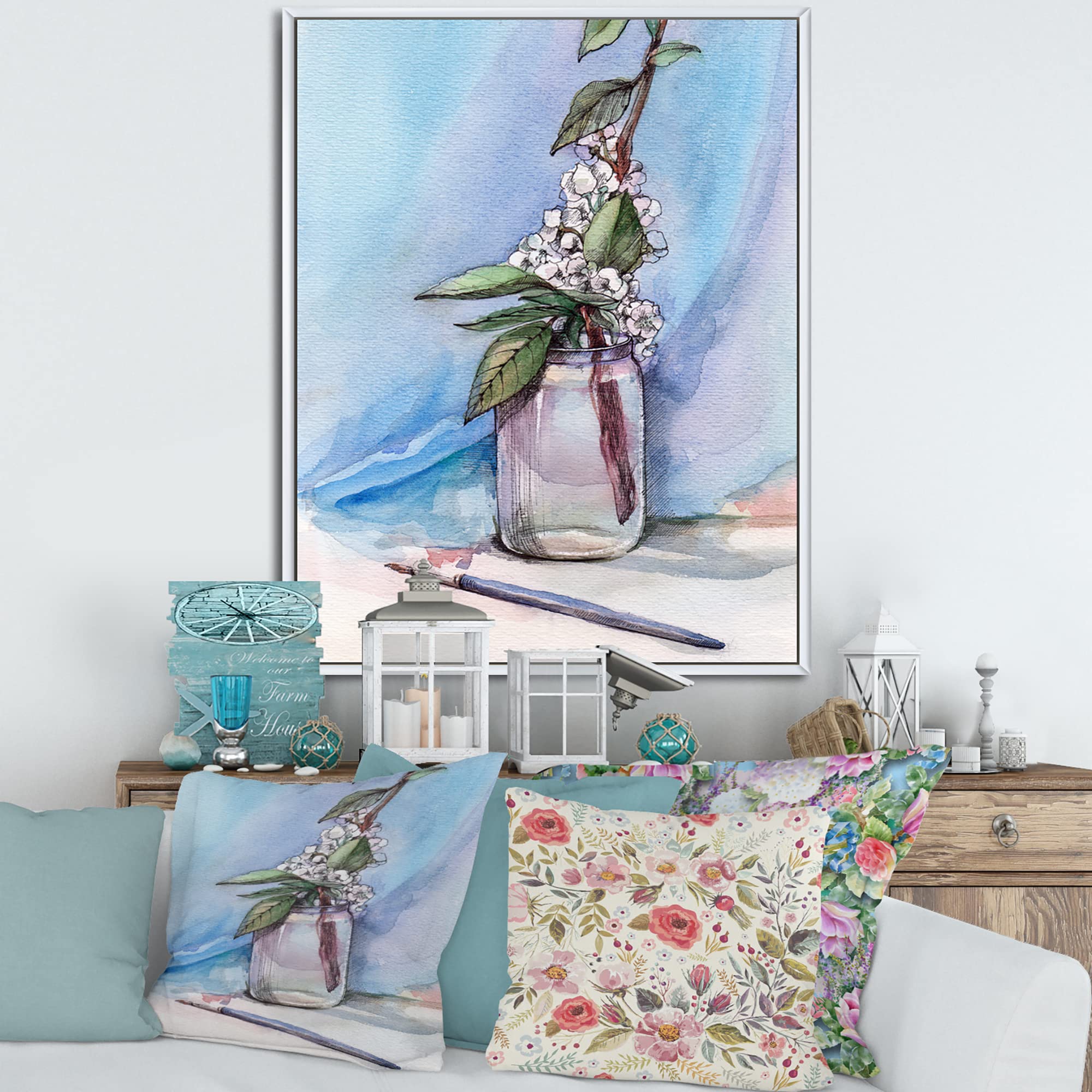 DesignQ Cherry Blossom in Glass Jar - Framed Canvas Wall Art Print for Farmhouse Decor | Perfect for Living Room, Bedroom & Office Wall Decor