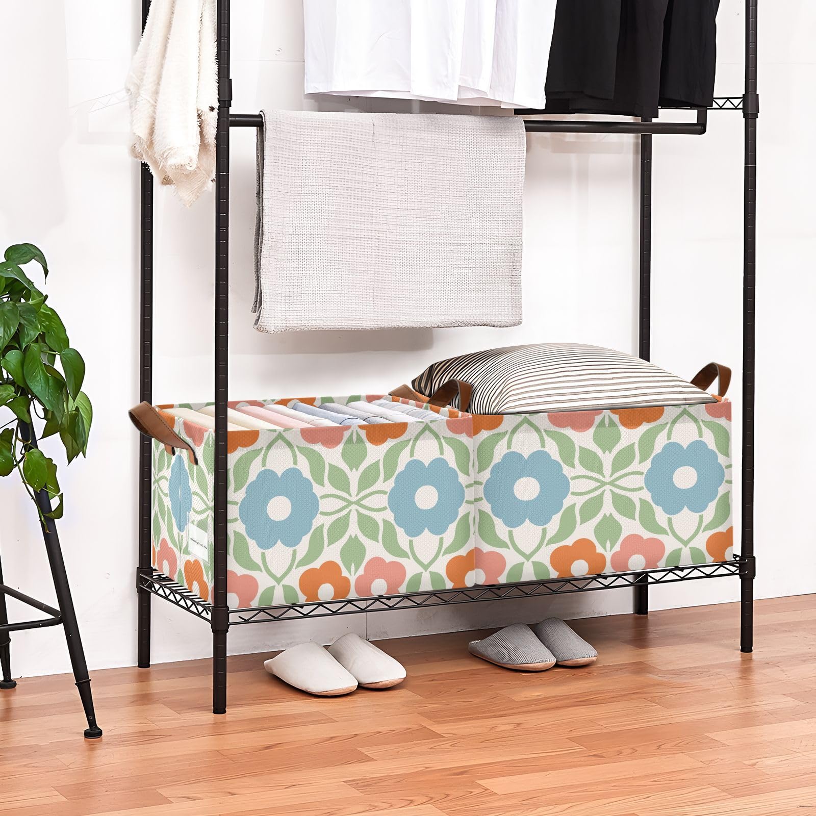 Yuiboo 2-Pack Bohemian Fabric Storage Baskets with Handles - Orange & Blue Ethnic Design Shelving Bins for Clothing, Books & Home Organization | Perfect for Closet, Nursery & Laundry Room Storage
