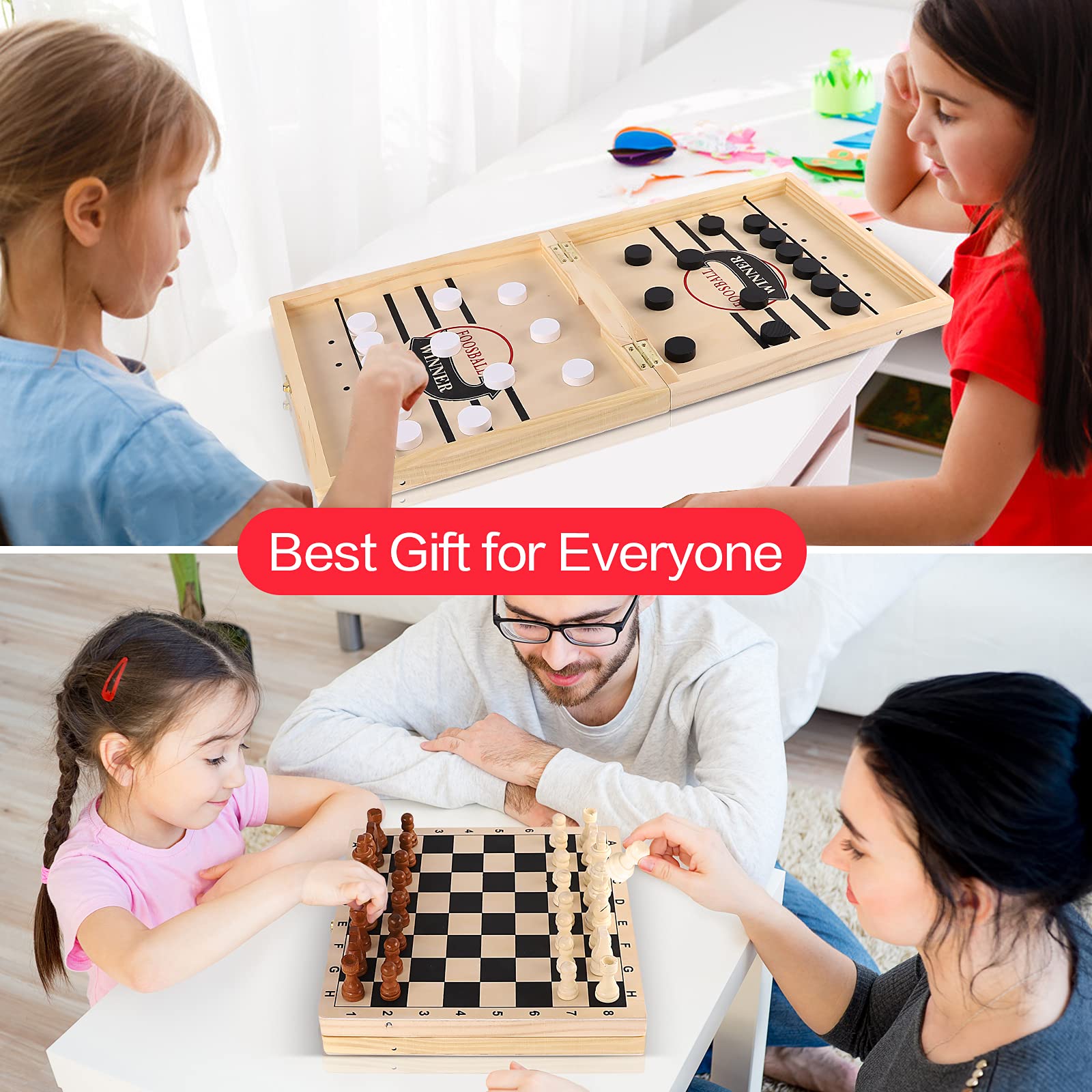 4-in-1 Board Game Set - Sling Puck, Chess, Checkers & Tic Tac Toe - Fast Hockey Table Game with Slingshot for Kids - Perfect for Family Game Night & Indoor Activities