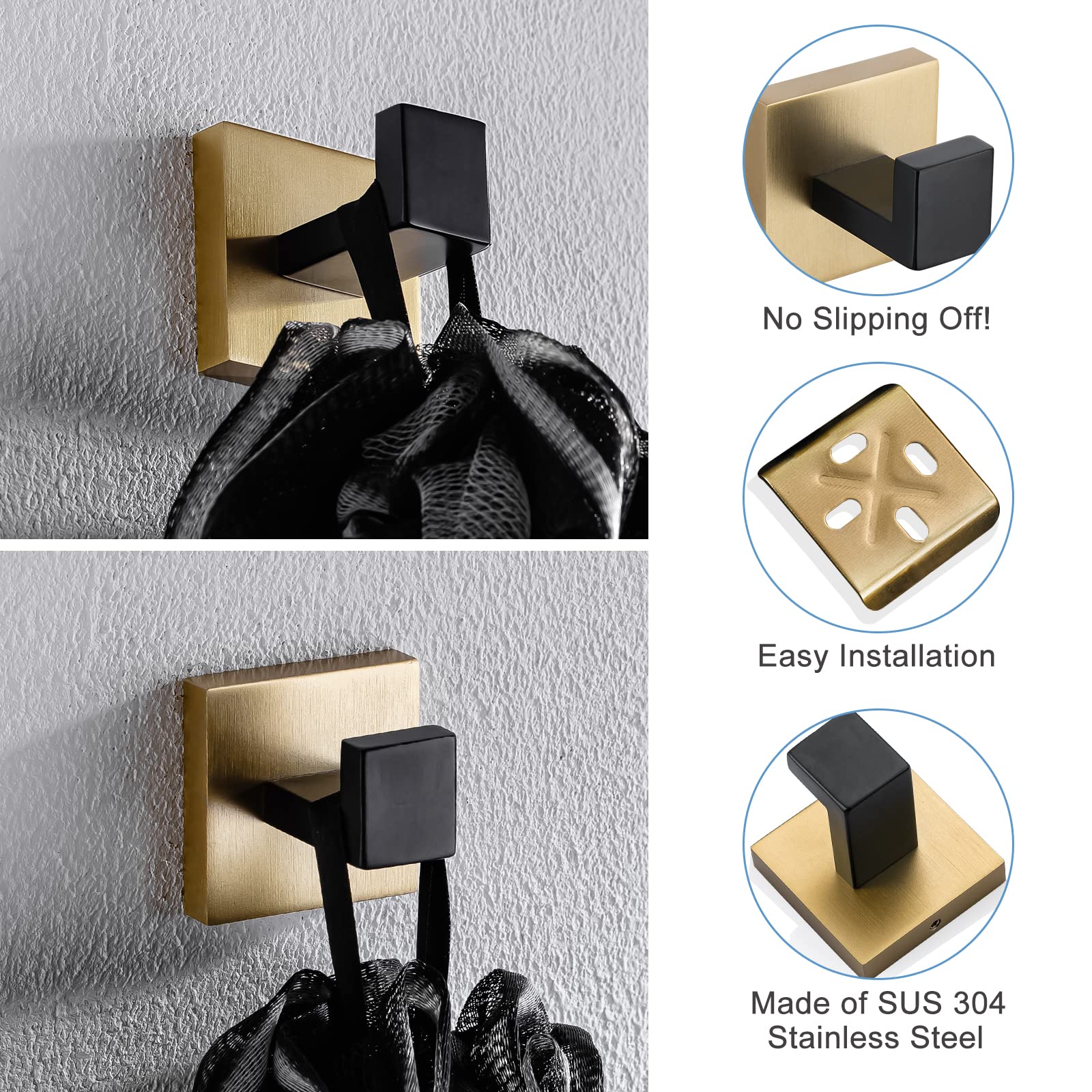 Stainless Steel Black & Gold Wall Mounted Coat Hooks - 2 Pack Square Towel/Robe Hangers for Bathroom, Kitchen, Garage - Durable Home & Office Organization Solution