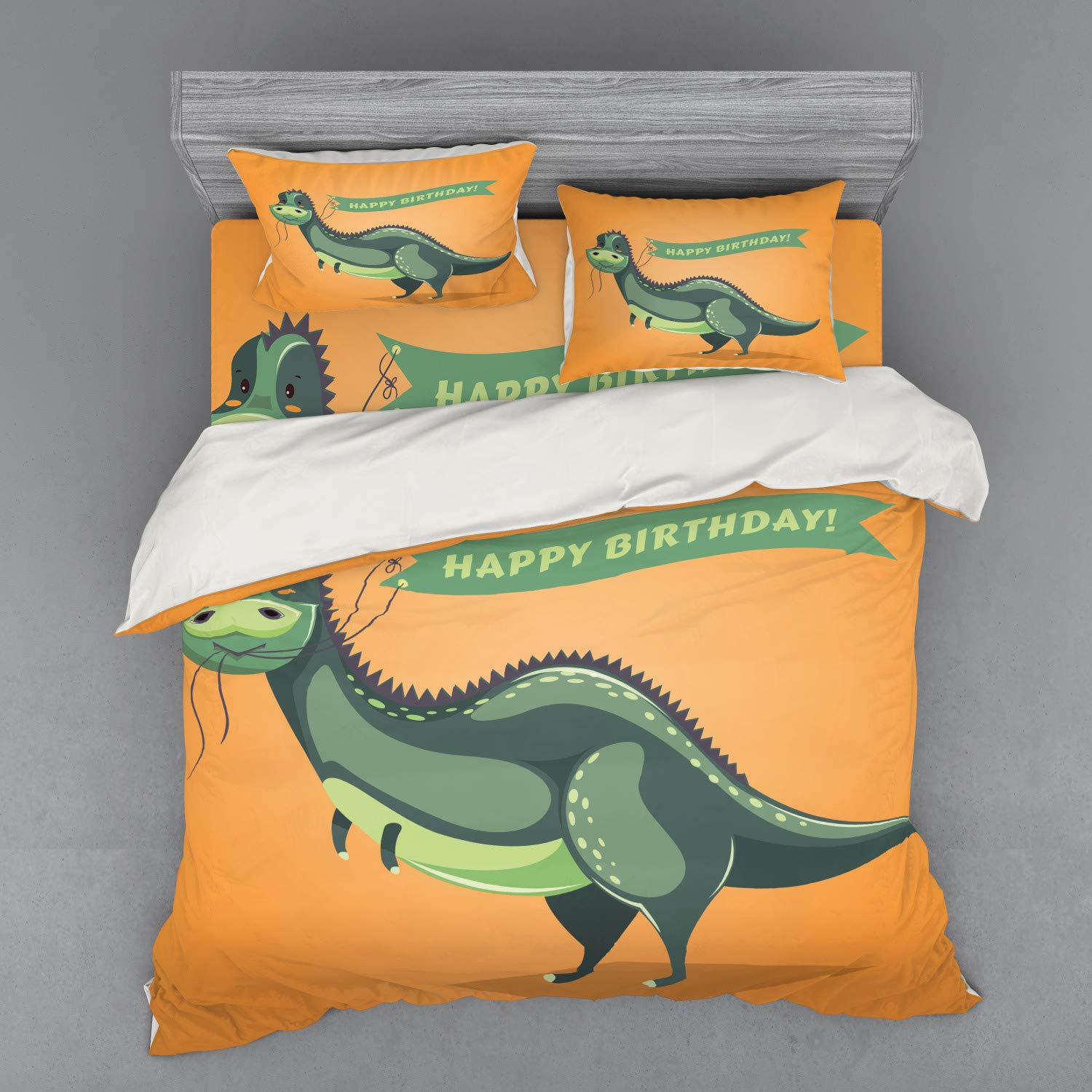 Ambesonne Dinosaur Birthday Duvet Cover Set - King Size 4-Piece Bedding with Shams & Fitted Sheet - Funny Cartoon Dino Design in Green & Orange - Perfect for Kids' Rooms, Birthday Gifts & Themed Bedrooms