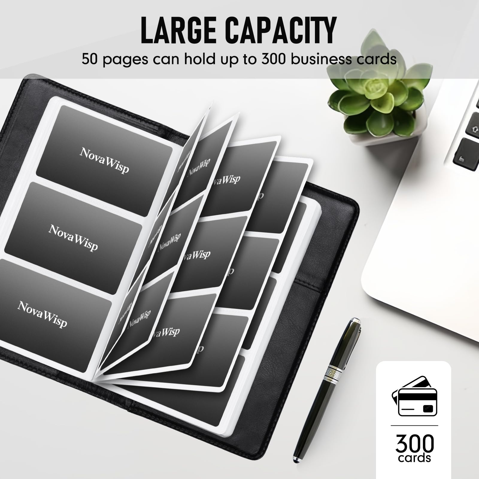 Premium 300 Business Card Holder - 50 Page PU Leather Credit Card Organizer Wallet - Professional Name Card Book Binder for Men & Women - Portable Office Supplies - Perfect for Networking Events, Business Meetings & Corporate Gifts - Black