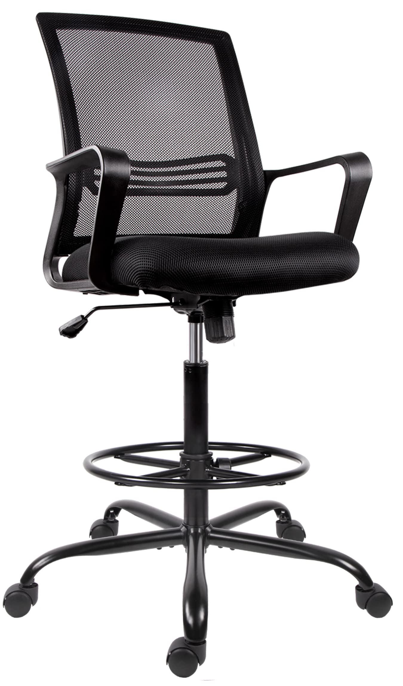 Ergonomic Adjustable Height Office Chair for Standing Desk - Comfortable Mesh Mid-Back Drafting Chair with Armrests & Foot Ring - Deep Black - Perfect for Home Office, Gaming & Computer Workstations
