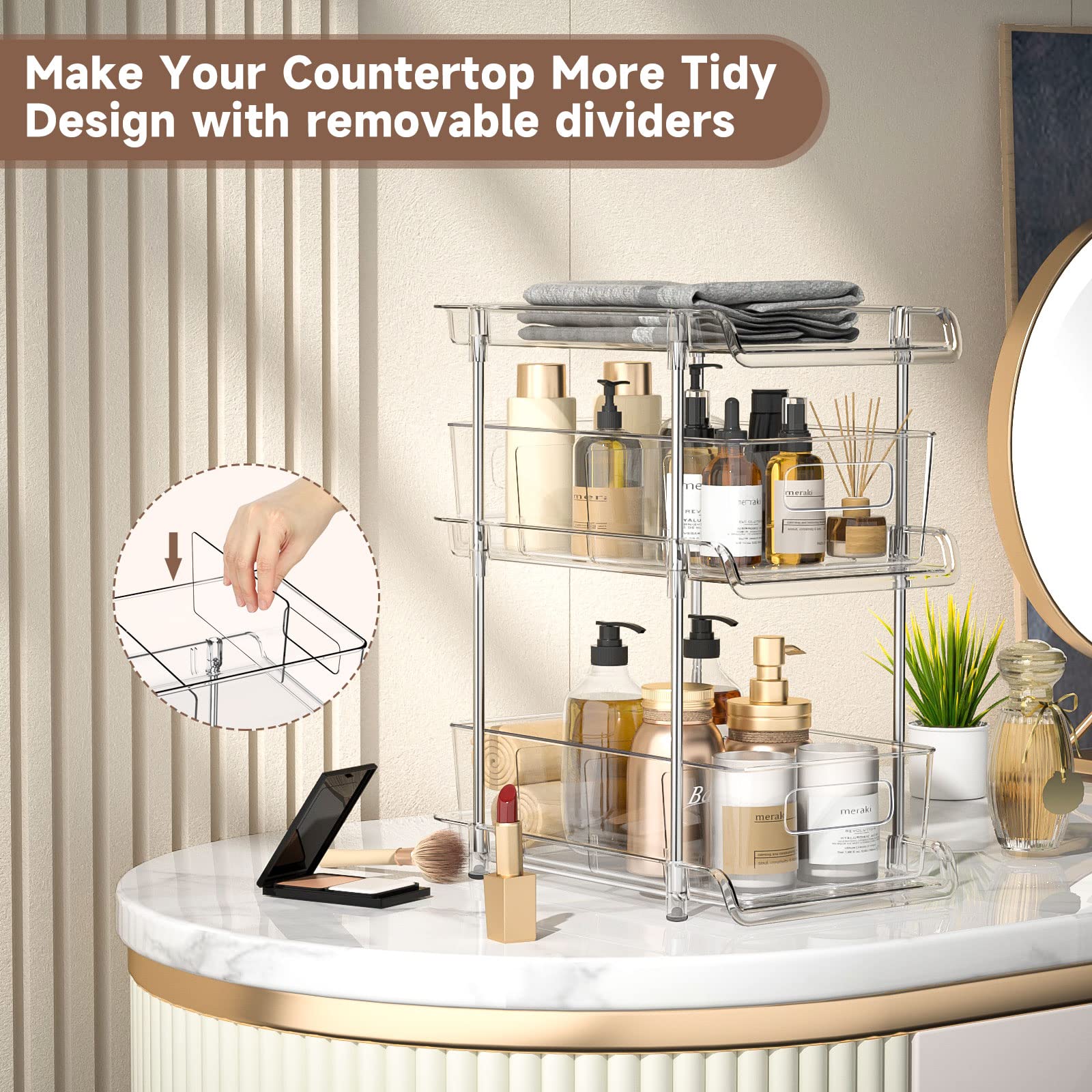 3-Tier Clear Bathroom Organizer with Dividers - Multi-Purpose Pull-Out Pantry Storage - Under Sink Closet Organizer - Vanity Skincare & Cosmetic Organizer - Perfect for Bathroom, Kitchen, Bedroom, and Office Organization