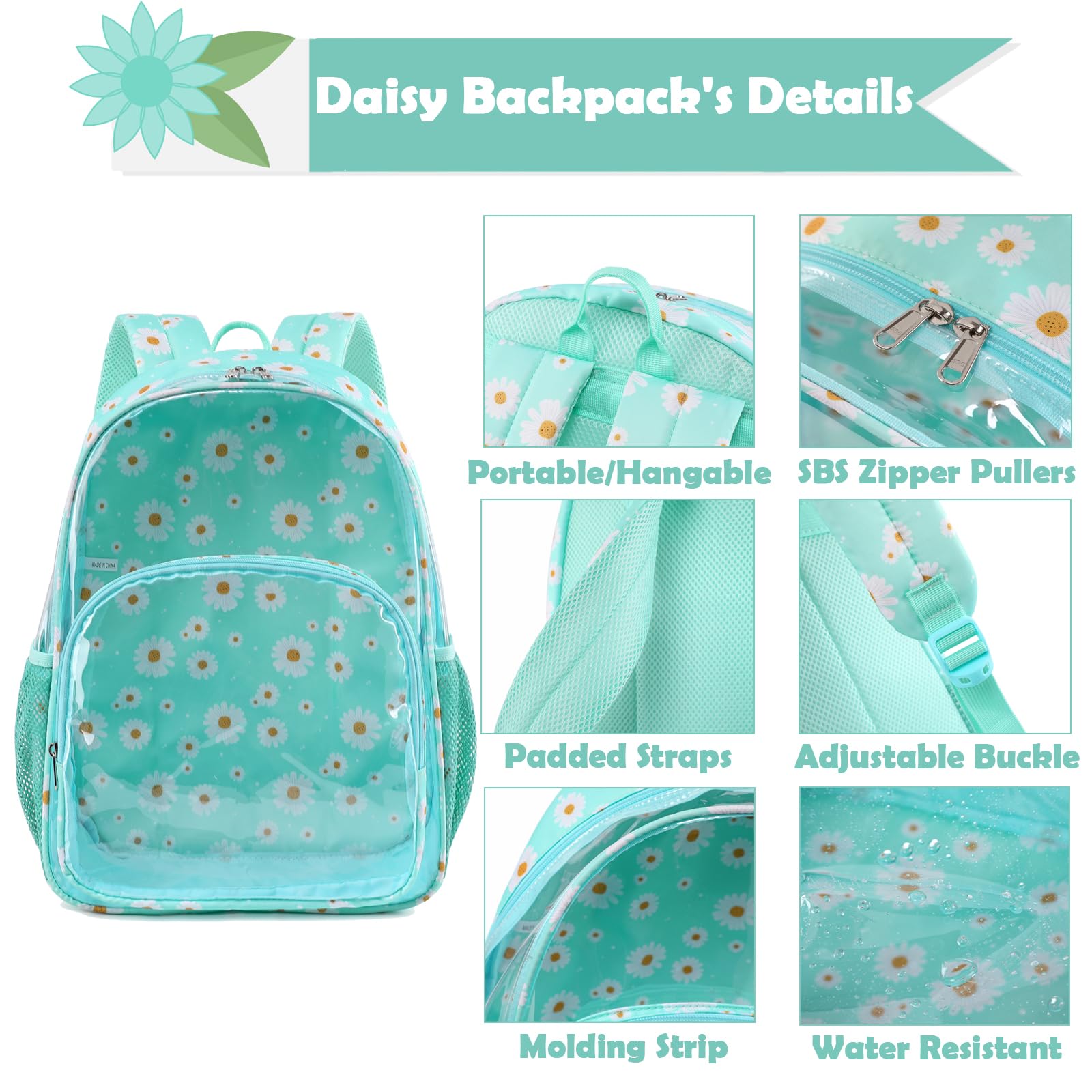 Kimwadalh Heavy Duty Clear Backpack - Green Daisy TPU Transparent Backpack for Women & Girls, Large Capacity College Backpack for Work, Travel, Beach & Swimming | Perfect for School, Concerts, Stadium Events & Airport Security
