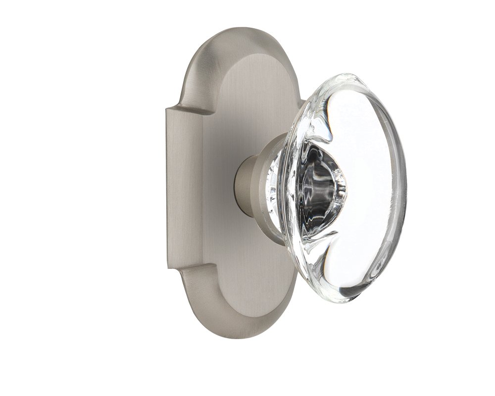 Vintage Cottage Plate with Oval Clear Crystal Glass Door Knob - Double Dummy Satin Nickel Finish for Interior Doors, Cabinets & Furniture Restoration