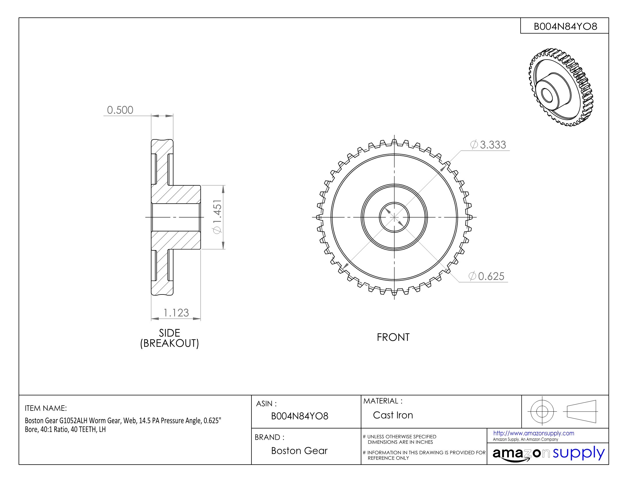 High Precision G1052ALH Worm Gear - 14.5° PA Pressure Angle, 0.625