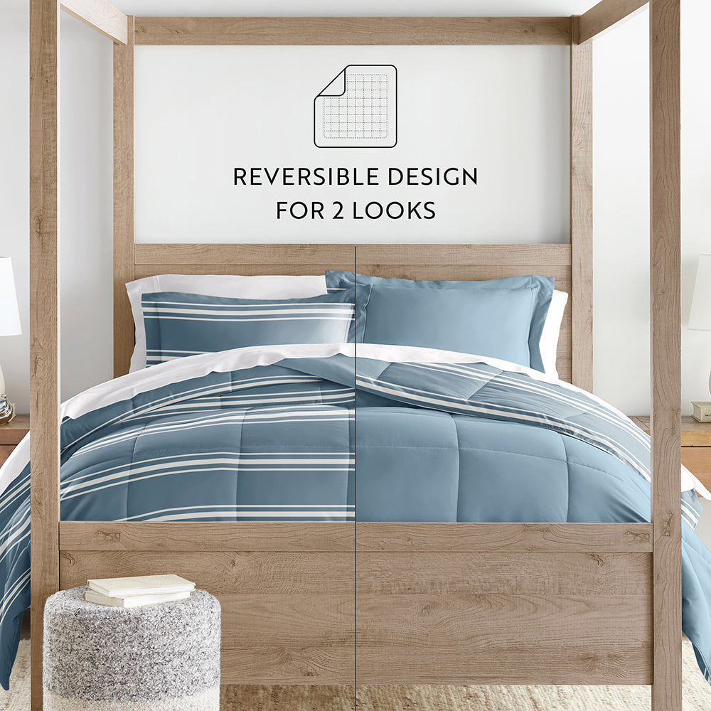 Soft Stripe Reversible Down Alternative Comforter Set - All Season Hypoallergenic Bedding - Perfect for Master Bedroom, Guest Room & Dorm Comfort