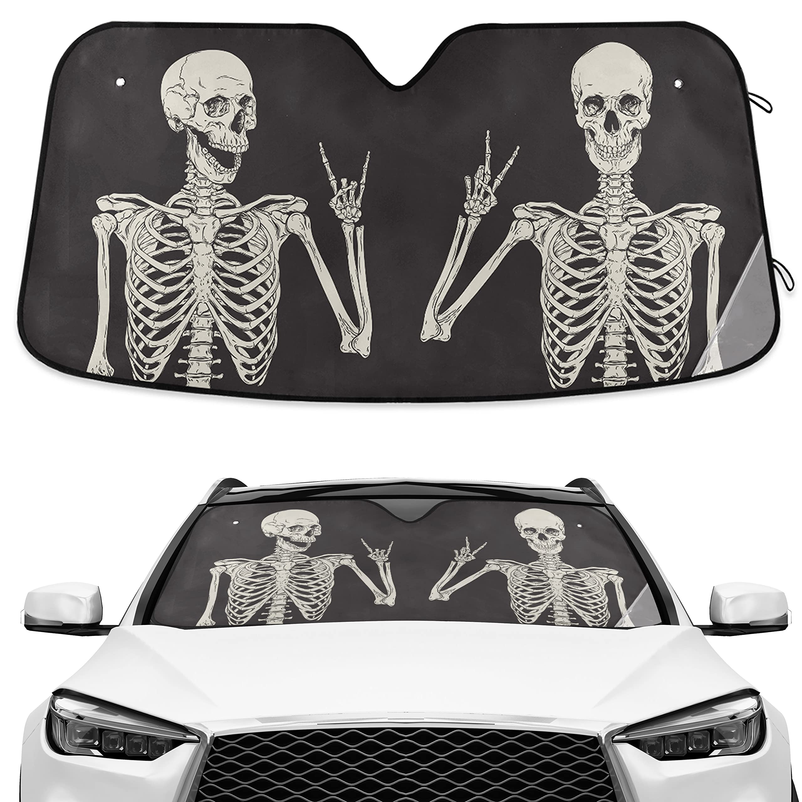 Black Skull Car Windshield Sunshade - UV Protection & Heat Shield for Cars, Trucks & SUVs | Foldable Skeleton Design Sun Reflector | Keep Your Vehicle Cool in Parking Lots & Summer Heat
