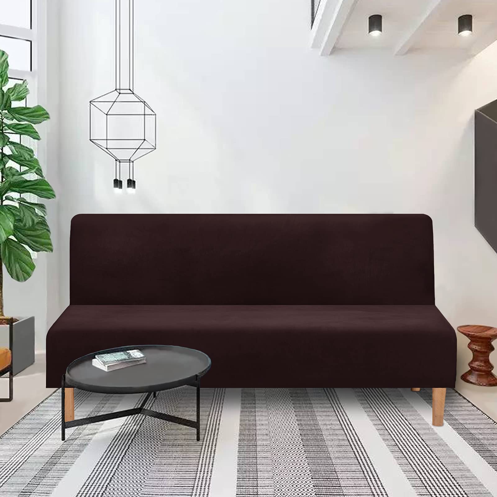 Stretch Sofa Slipcover Armless Futon Cover - Velvet Elastic Polyester Spandex Washable Furniture Protector for Sofa Bed & Folding Couch (Coffee Brown) | Perfect for Living Room, Dorm, Apartment & Home Decor
