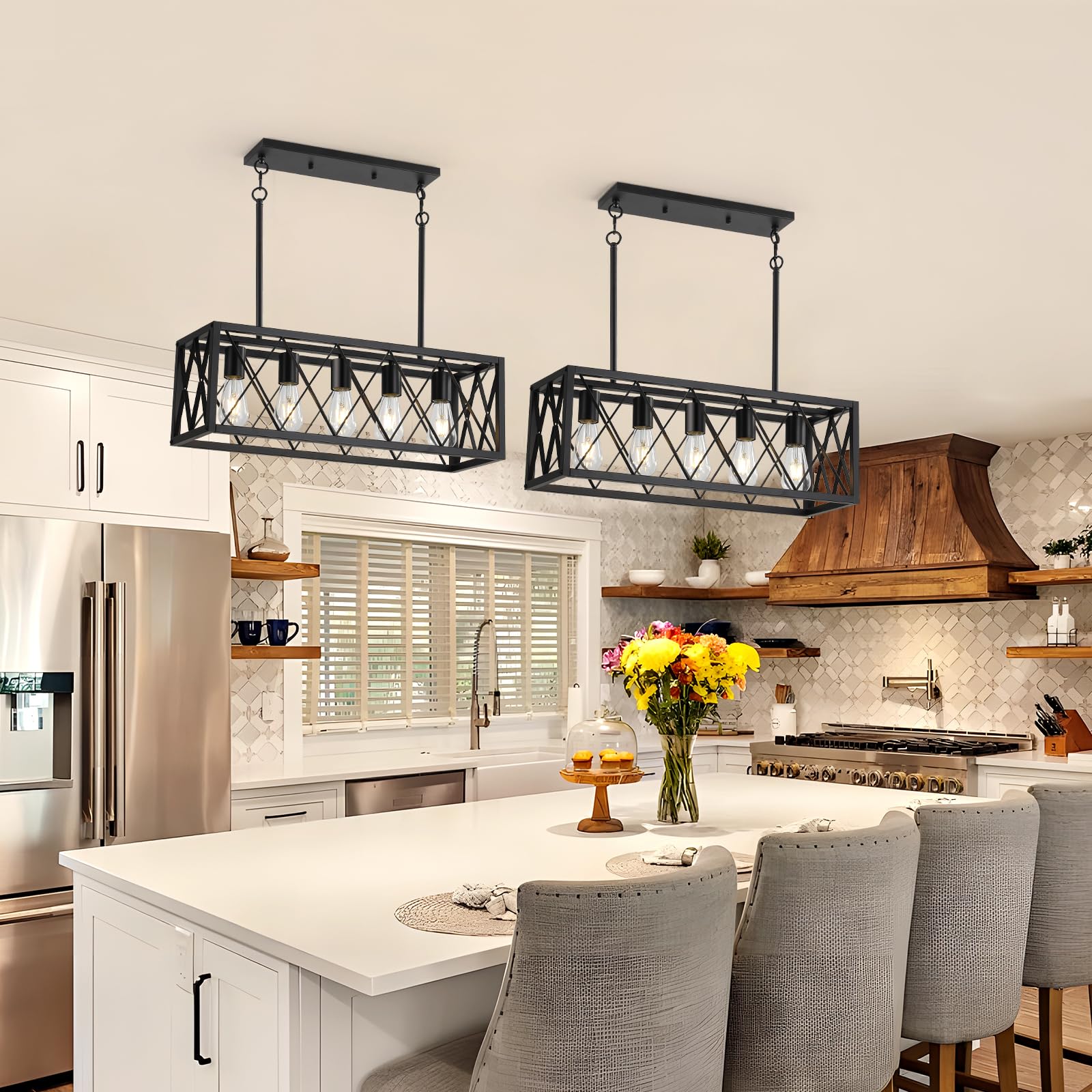 KEESFU Black Farmhouse Kitchen Island Pendant Light - 5-Light Adjustable Height Industrial Dining Room Chandelier for Kitchen, Living Room, Foyer & Over Dining Table or Sink | Rustic Home Decor Lighting Fixture | Perfect for Farmhouse, Industrial & Modern Interior Design