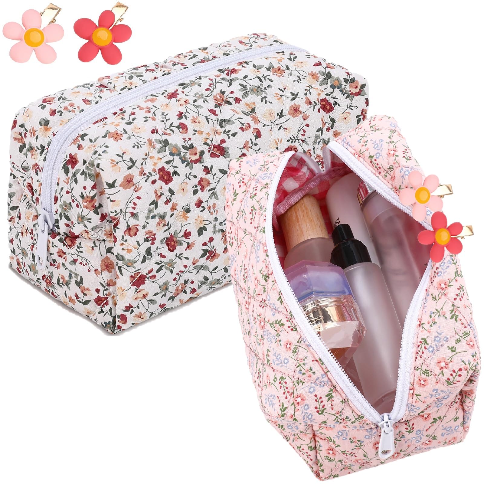 2 Pack Floral Makeup Bags for Women - Large Quilted Cotton Cosmetic Organizer with Zipper, Cute Fashionable Travel Toiletry Pouch & Free Floral Hair Clip - Perfect for Travel, Gym, and Daily Makeup Storage