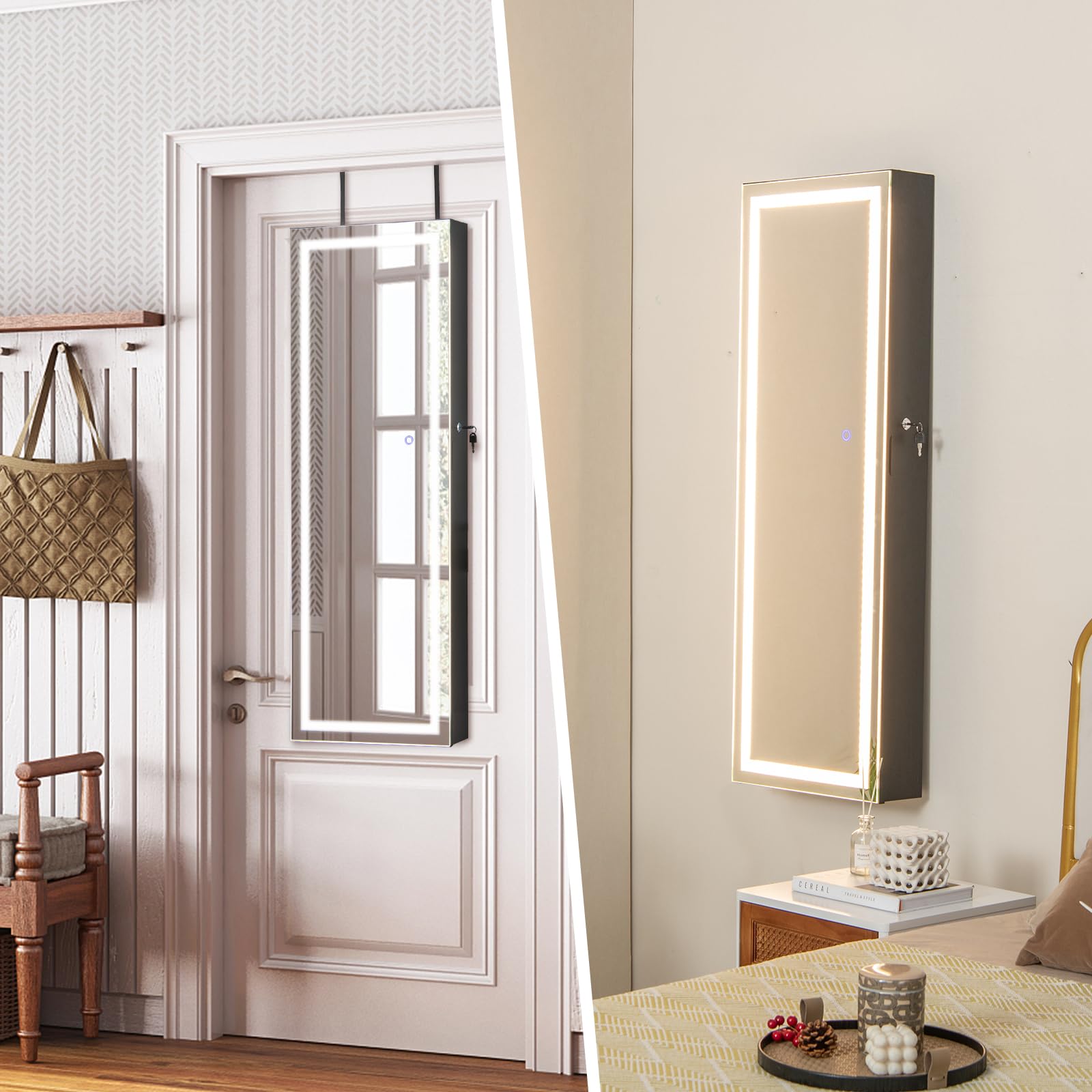 Giantex Black Jewelry Cabinet Armoire with Full Length Mirror - 47.2 Inch Wall Mounted, Lockable, Touch Screen Lighted with 3 Settings, Inside Makeup Mirror & Jewelry Storage Organizer | Perfect for Bedroom, Closet, Dressing Room & Vanity Area