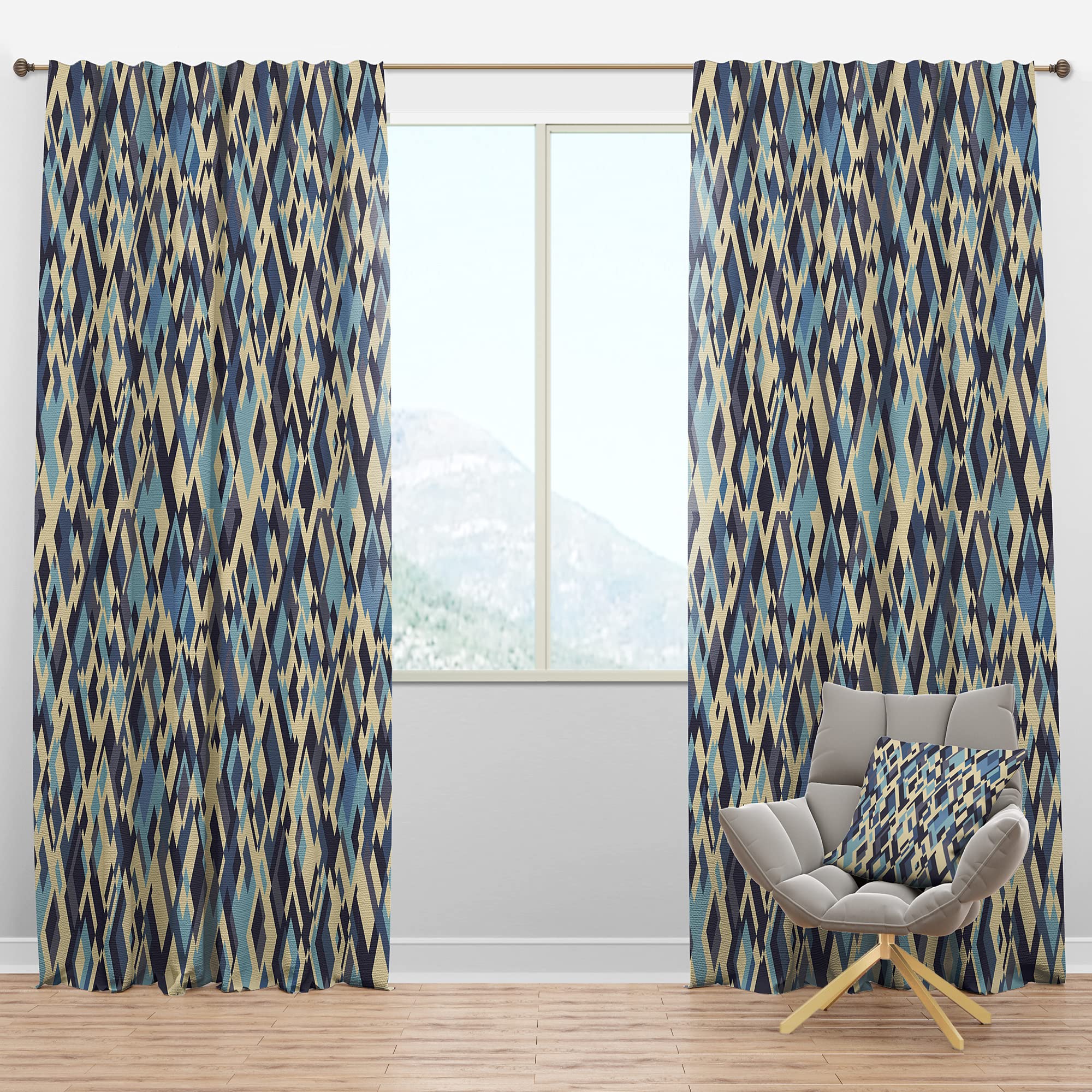 DesignQ Blackout Curtains - Thermal Insulated Single Panel (52x63 inches) - Beige & Blue Geometric Rhombus Pattern - Perfect for Bedroom & Living Room - Blocks Light & Noise for Better Sleep & Privacy