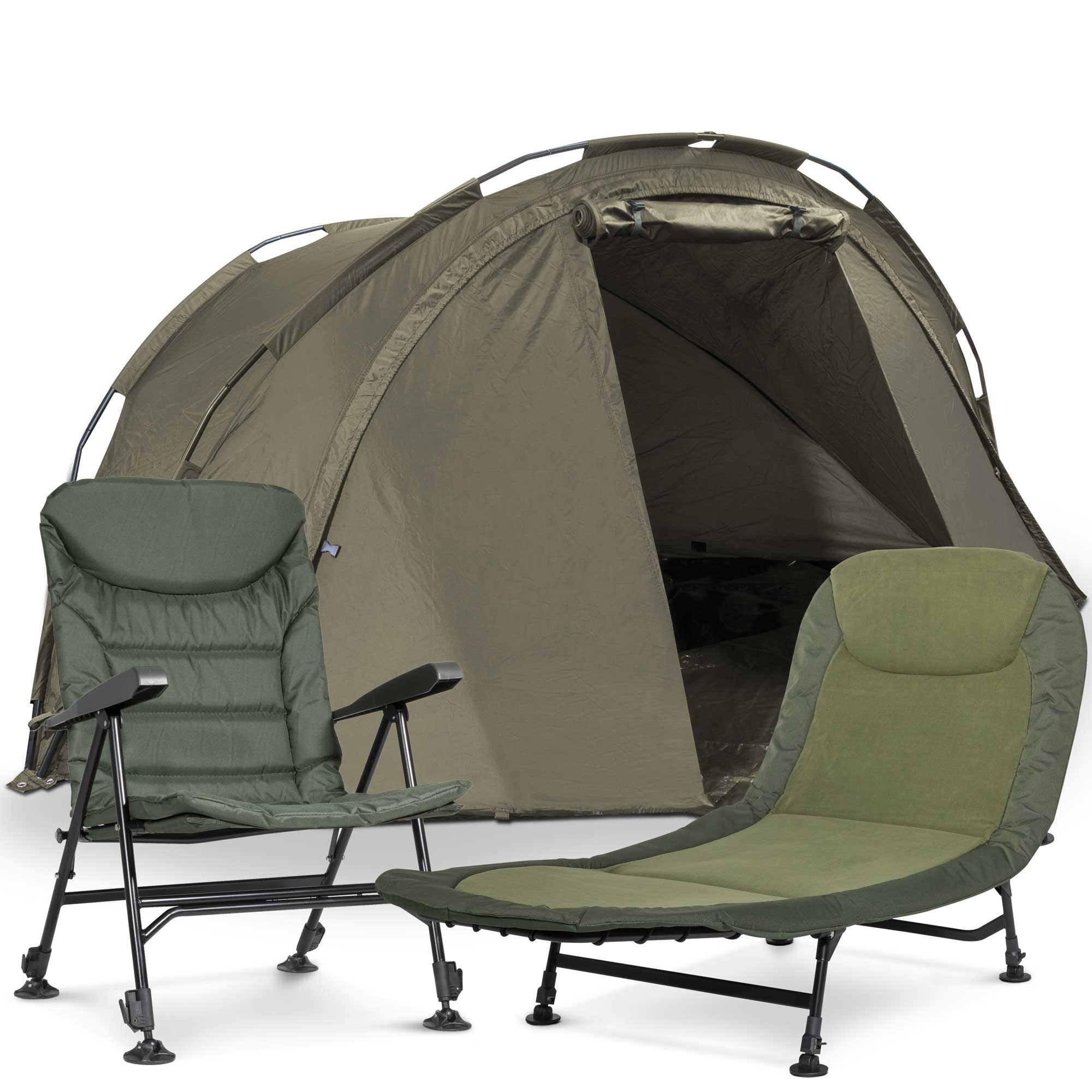 2 Man Fishing Bivvy Tent - Lightweight Waterproof Shelter with UV Protection, Includes Camping Chair & Adjustable Bedchair DL143 - Perfect for Camping, Fishing Trips and Outdoor Adventures