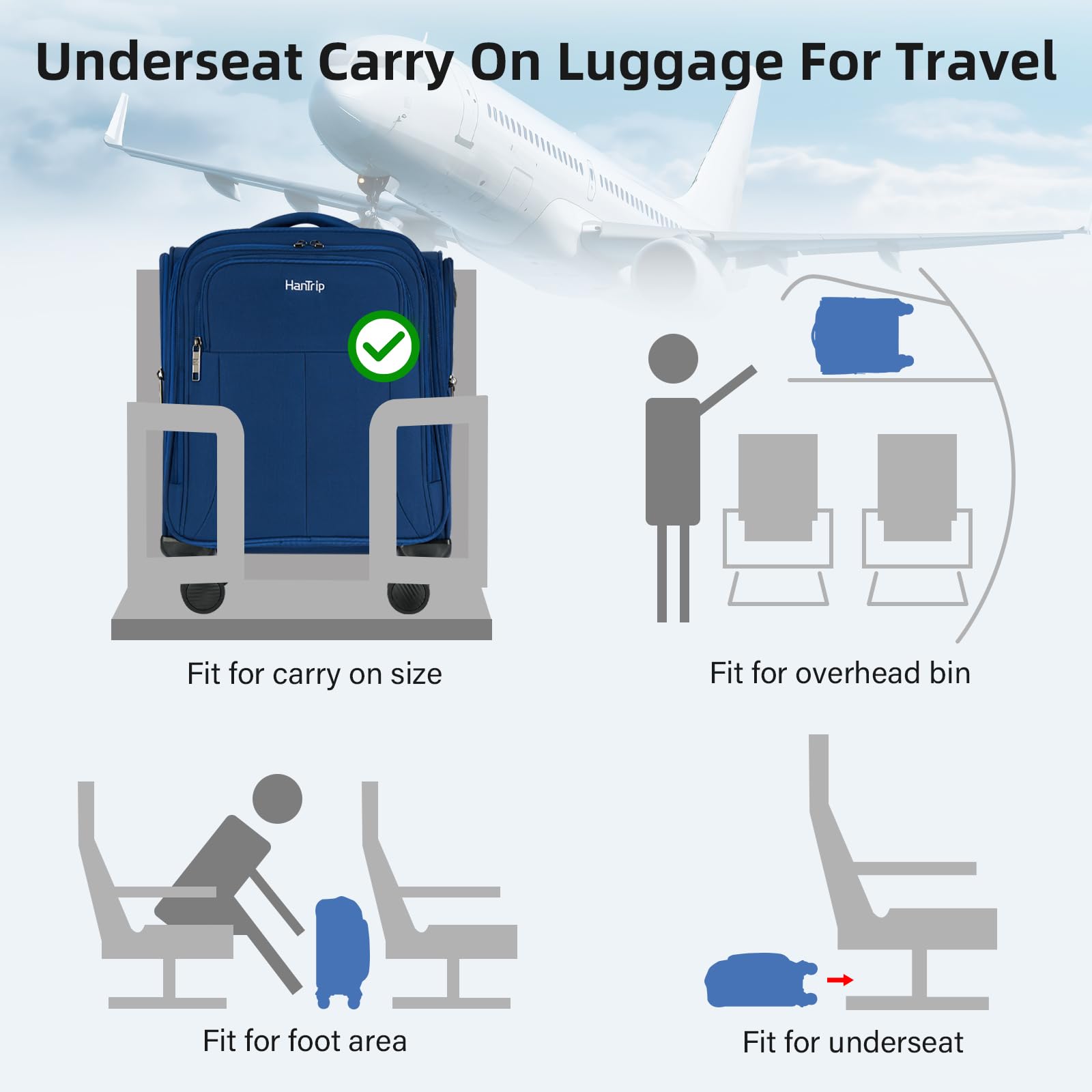 16 Inch Underseat Carry On Luggage with Wheels - Softside Small Suitcase for Air Travel, Personal Item Bag with Pockets - Lightweight Business Overnight Bag for Men & Women (Blue) | Perfect for Business Trips, Weekend Getaways & Cabin Luggage