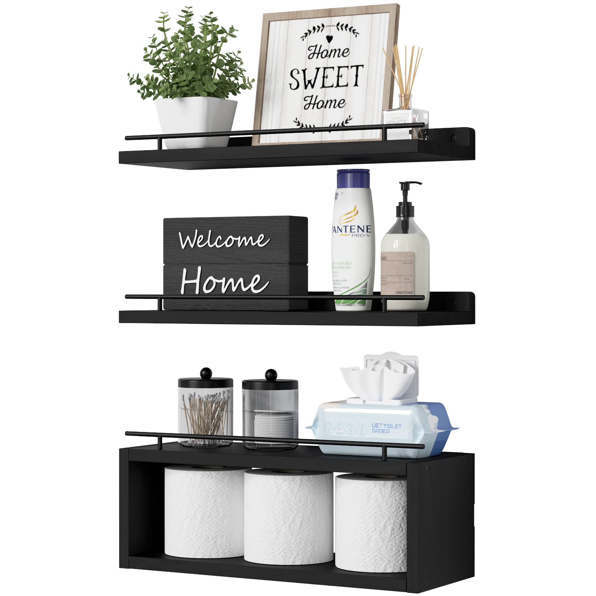 WOPITUES Floating Wall Shelves with Cube Shelf - Modern Metal Rail Bathroom Storage Organizer for Toilet Paper, Towels & Decor - Over Toilet Space Saving Solution for Small Bathrooms (Black)