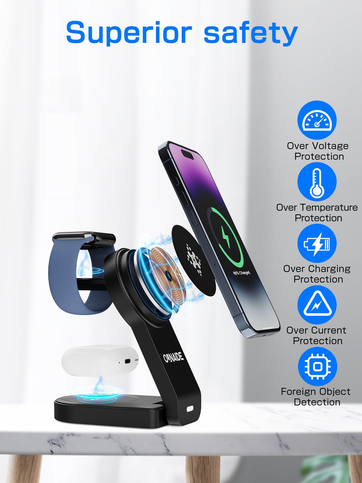 2025 3-in-1 Magnetic Wireless Charging Station - 18W Fast Foldable Charger Stand Compatible with iPhone 16/15/14/13/12 Series, Apple Watch & AirPods | Portable MagSafe Charging Dock for Home, Office & Travel - Black