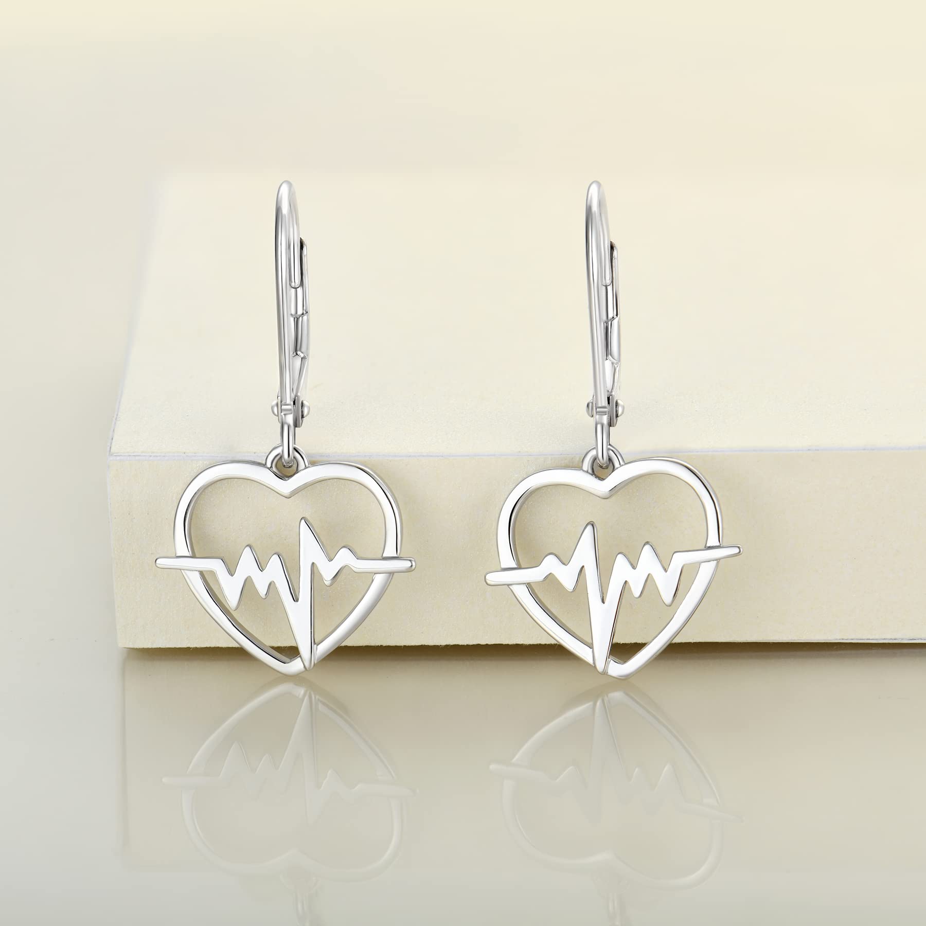 YL Sterling Silver Heartbeat Pendant Necklace & Love Heart Earrings Set - Romantic Polished Jewelry for Women, Perfect Gift for Valentine's Day, Anniversary or Birthday