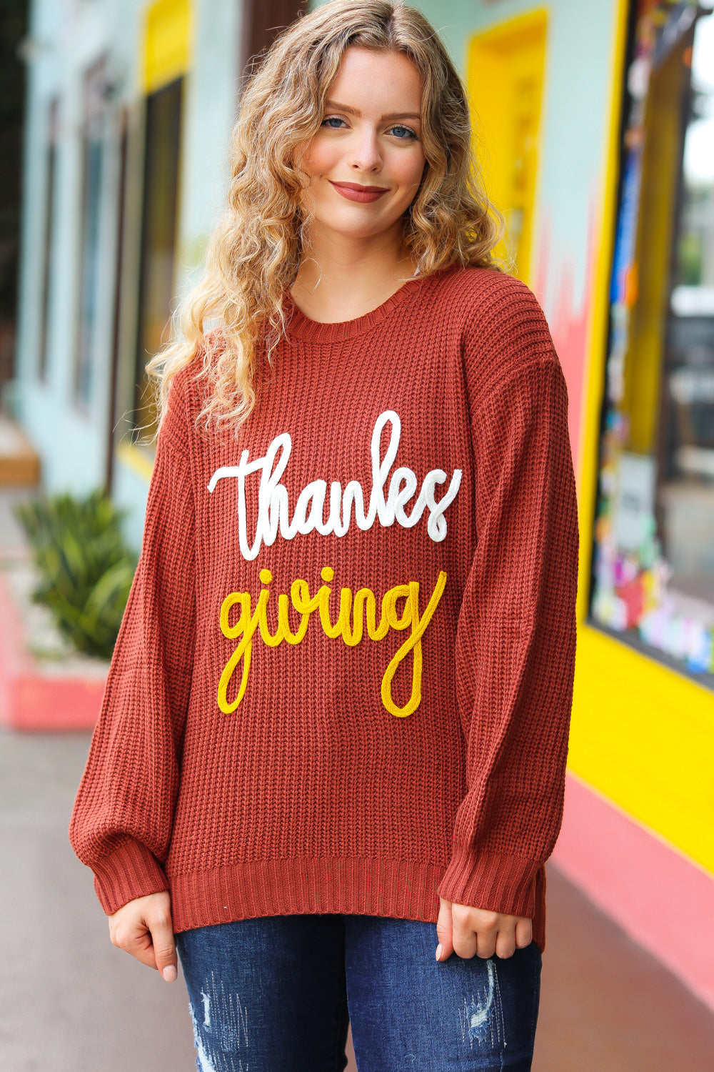 Cozy Thanksgiving Pop Up Embroidery Chunky Sweater - Women's Holiday Knit Pullover for Family Gatherings & Fall Festivities