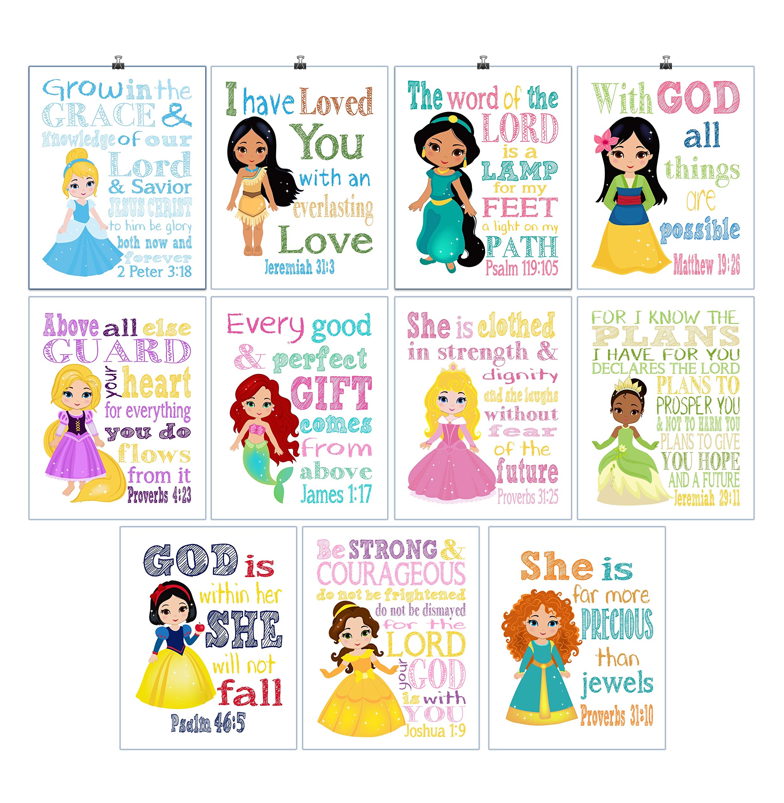 Disney Princess Nursery Decor Set - 11 Unframed Wall Art Prints Featuring Jasmine, Tiana, Cinderella, Ariel, Mulan, Belle, Snow White & Merida - Perfect for Baby Girl's Room, Kids Bedroom & Toddler Playroom Decor