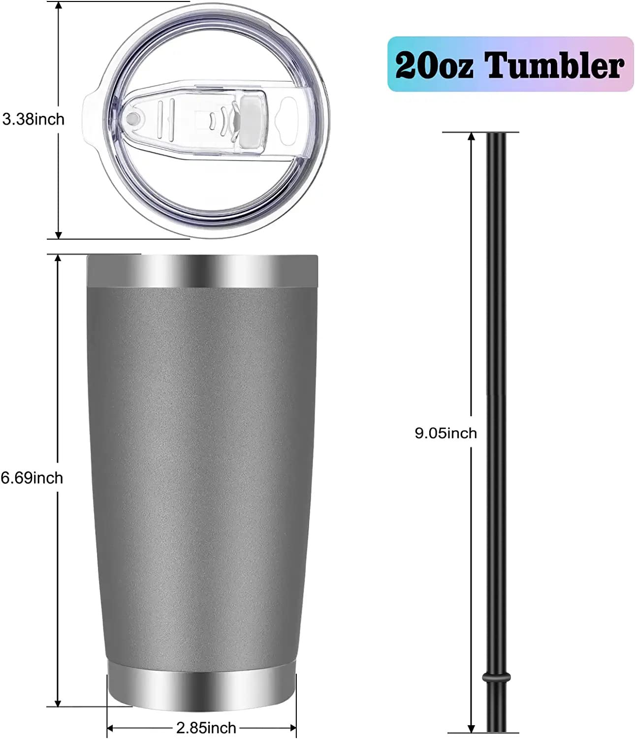 VEGOND 20oz Stainless Steel Tumbler with Lid & Straw - Vacuum Insulated Double Wall Travel Mug, Powder Coated Coffee Cup (Grey, 12 Pack) - Perfect for Office, Gym, Camping & Outdoor Activities