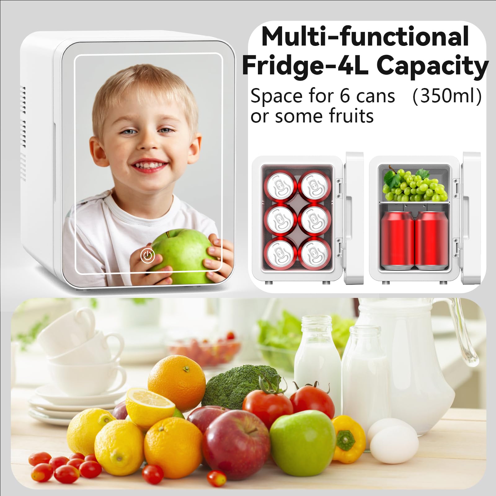 Mini Skincare Fridge with LED Mirror - 4L Portable Cooler & Warmer for Cosmetics, Food | Bedroom, Dorm, Car Use