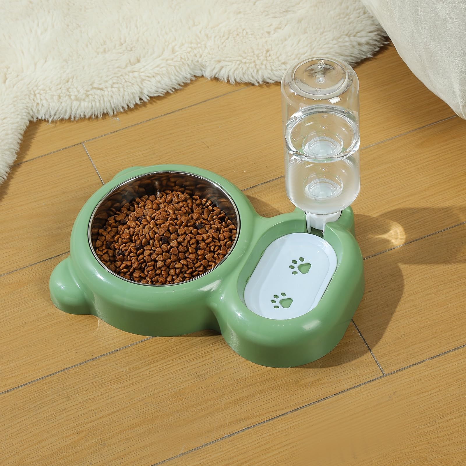 Stainless Steel Cat & Dog Bowls Set with Water Dispenser - Non-Slip Pet Food & Water Dishes for Small Dogs & Cats - Perfect for Home, Travel & Outdoor Use (Green)