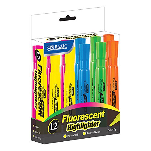 Bazic Desk Style Fluorescent Highlighters, 12 Pack - Bright Colors for School, Office & Study Notes - Perfect for Students, Teachers & Professionals