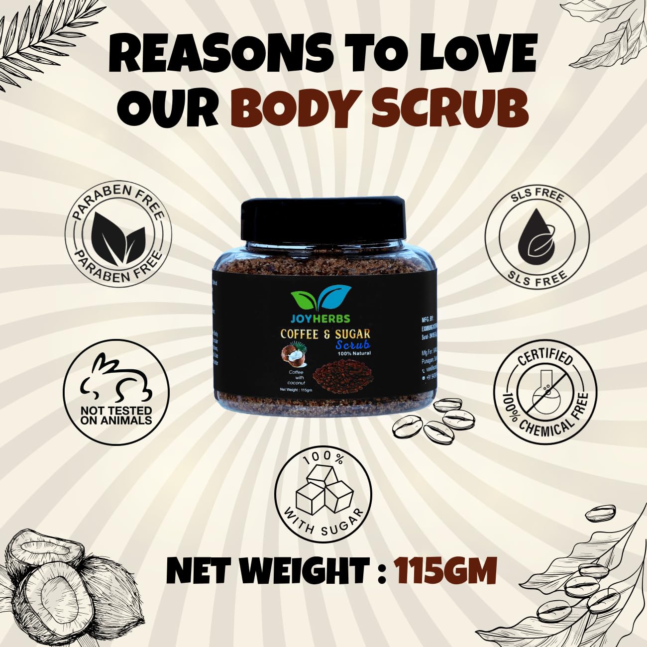 JOYHERBS Coffee Sugar Body Scrub with Coconut Oil, Walnut & Rock Salt - Exfoliating & Detanning Scrub for Soft, Smooth & Glowing Skin - 100% Vegan, Paraben-Free (115g) - Perfect for Spa Day, Self-Care Routine & Gift Giving