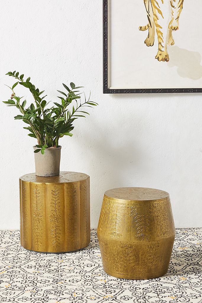 Handmade Embossed Drum Side Table - Vintage Metal End Table with Unique Embossed Design for Living Room, Bedroom & Office Decor | Perfect Accent Table for Home Styling