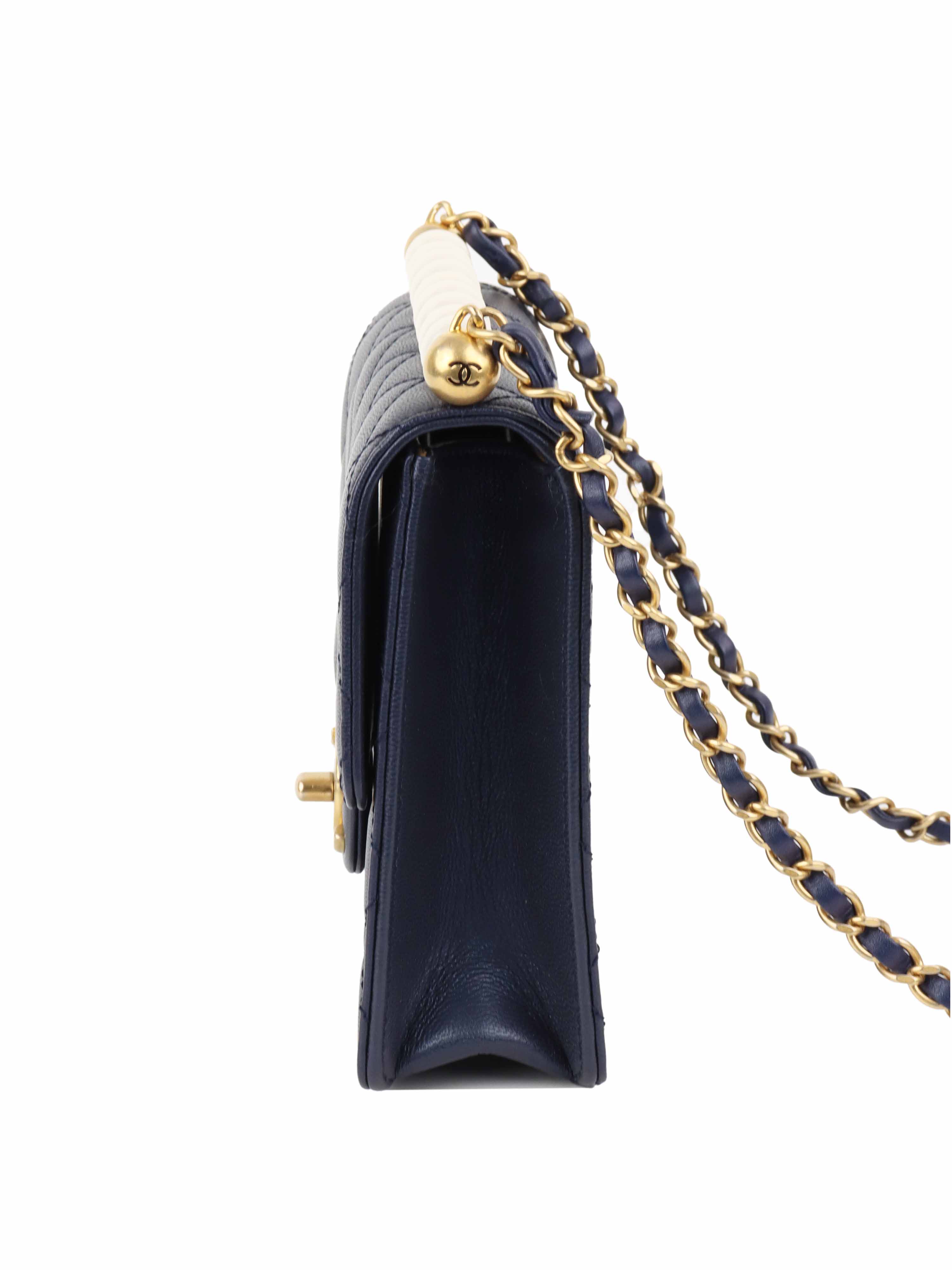 Chanel Navy Iridescent Pearl-Embellished Flap Bag - Luxury Crossbody Purse for Women | Perfect for Evening Parties, Date Nights & Special Occasions