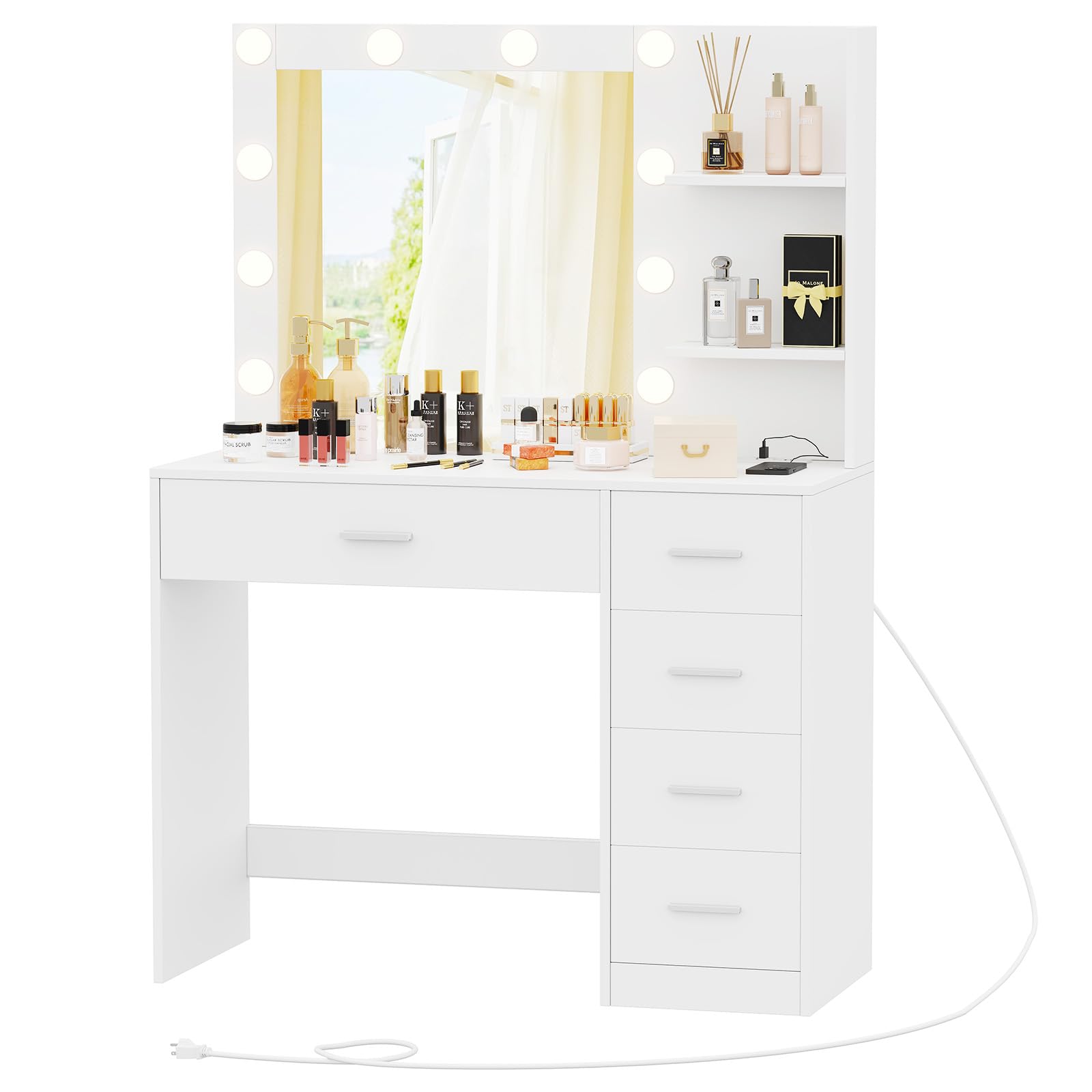 Rovaurx White Makeup Vanity Desk with Mirror - Adjustable 3-Color LED Lighting & 5 Metal Drawers, Dressing Table with USB Charging Station for Women | Perfect for Bedroom, Salon & Home Beauty Setup