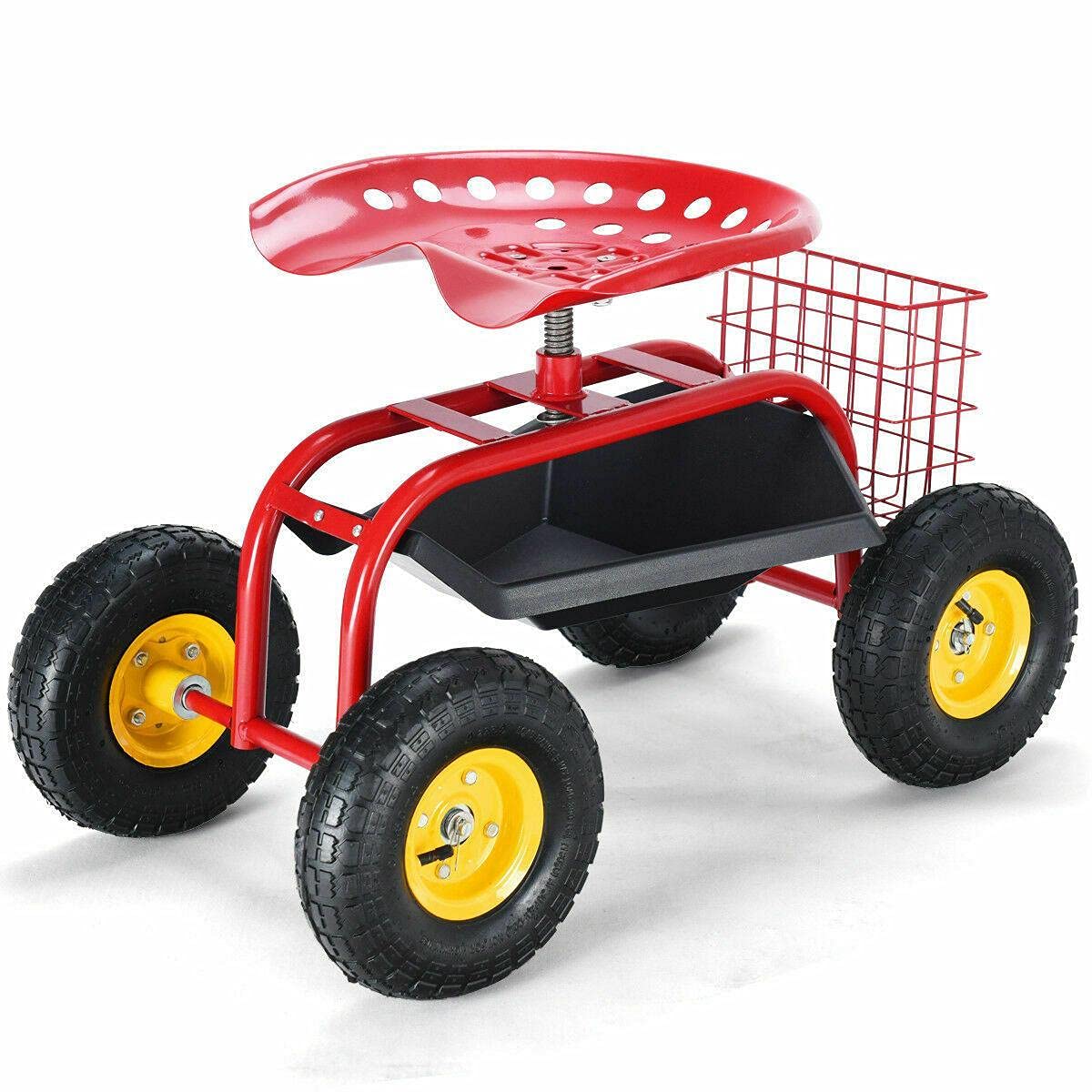 Heavy Duty Jatet Rolling Garden Cart with Tool Tray & Foldable Work Seat - Utility Wagon with Wheels for Gardening, Planting & Outdoor Work | Perfect for Yard Maintenance, Landscaping & Home Improvement Projects