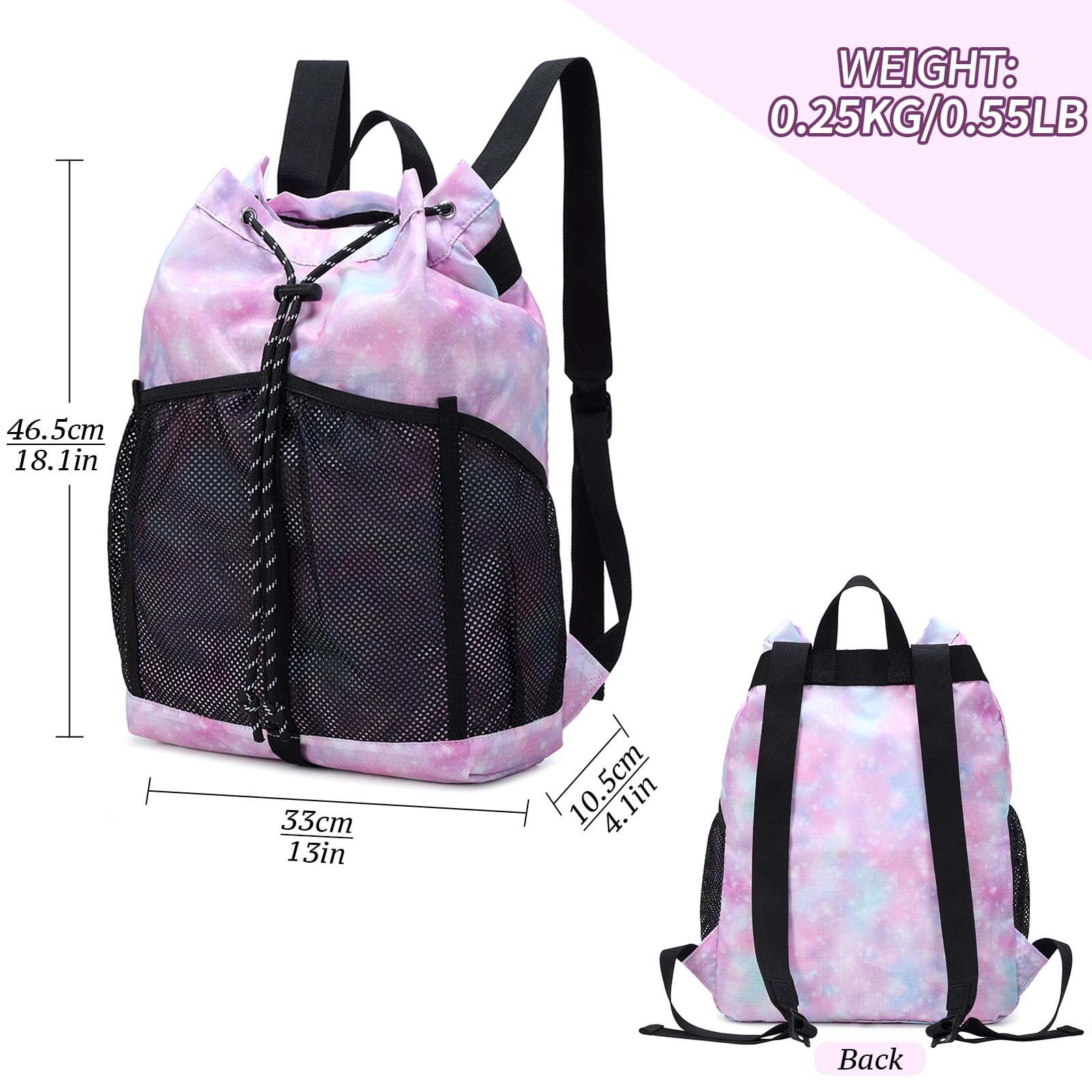 Lightweight Drawstring Backpack with Mesh Pockets - Water Resistant Sports Bag for Women & Men - Perfect for Gym, Beach, Swimming, Camping & Travel (Pink Galaxy)