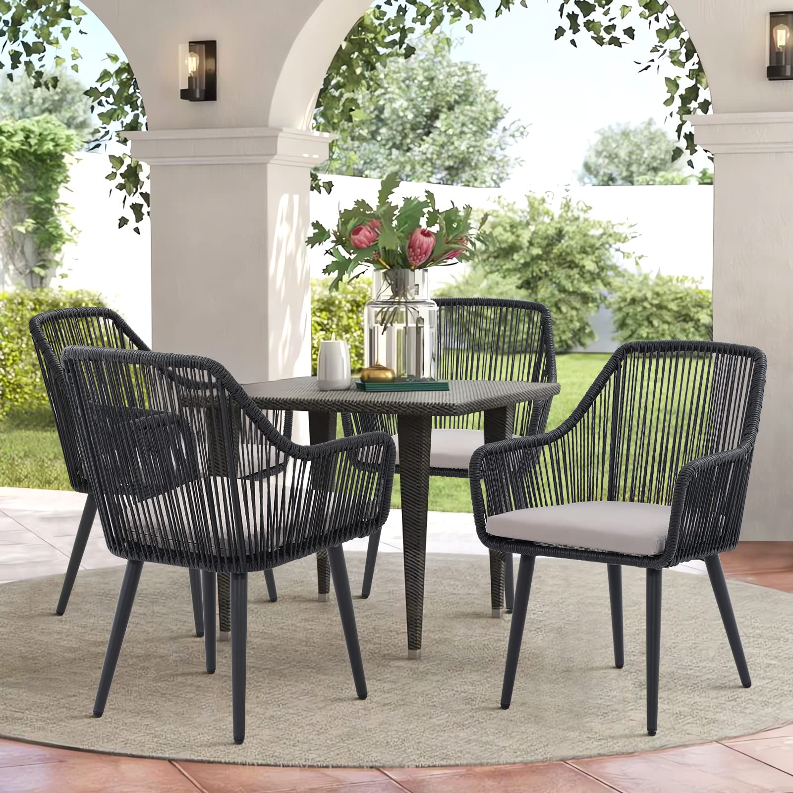 JOIVI 4-Piece Outdoor Patio Dining Chairs Set - Woven Rattan Wicker Chairs with Armrests & Cushions, Sturdy Iron Frame - Perfect for Garden, Backyard, Lawn, Balcony or Indoor Dining Room - Weather-Resistant for Year-Round Use